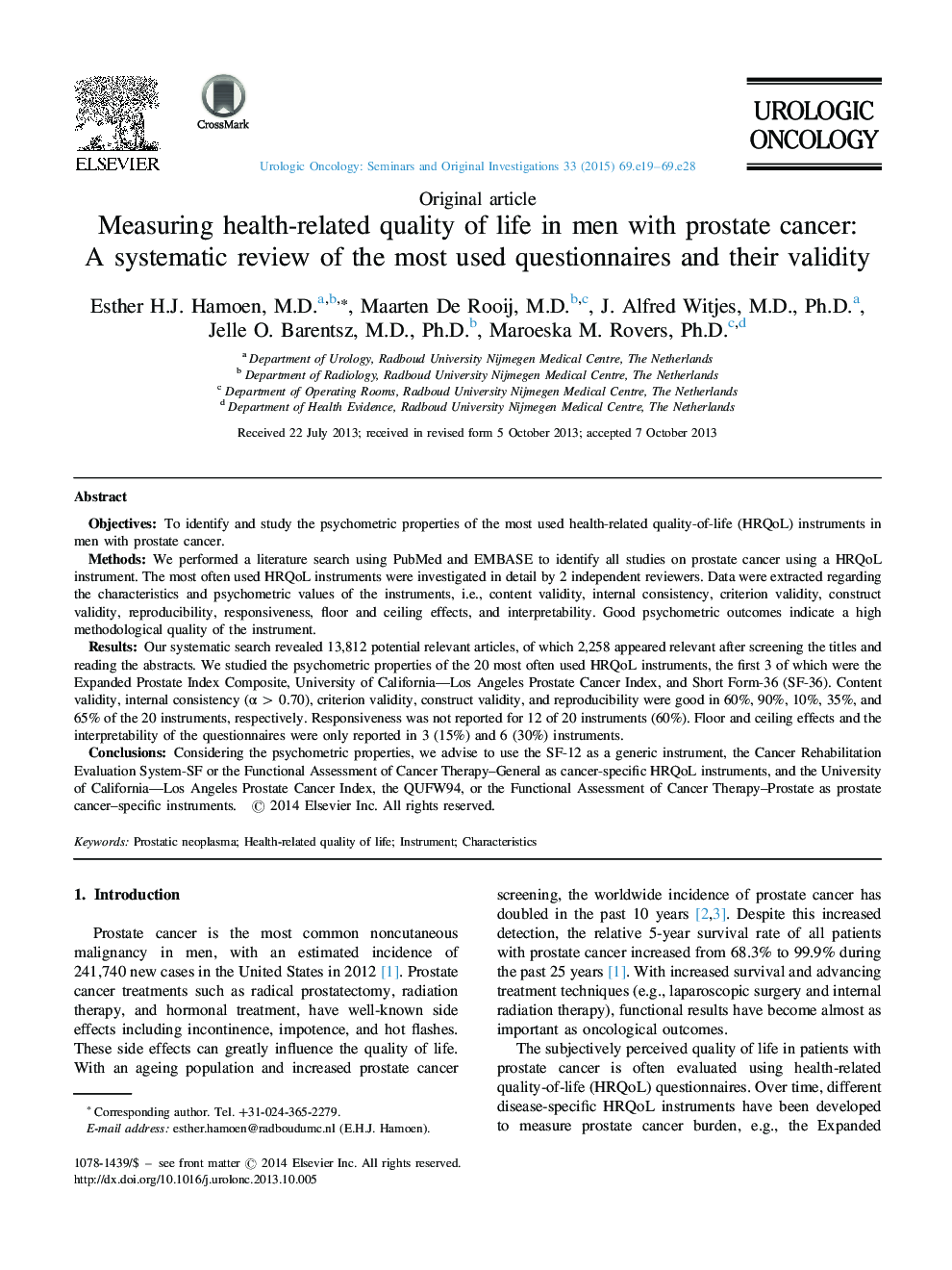 Measuring health-related quality of life in men with prostate cancer: A systematic review of the most used questionnaires and their validity