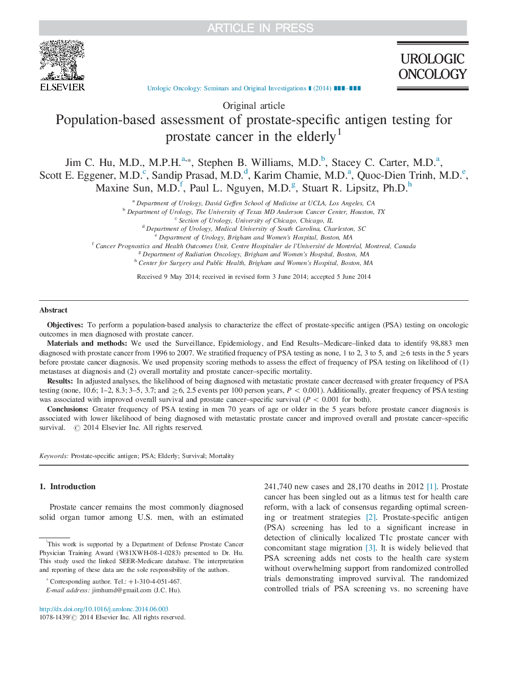 ارزیابی مبتنی بر جمعیت از آزمایشات آنتی ژن خاص پروستات برای سرطان پروستات در سالمندان 