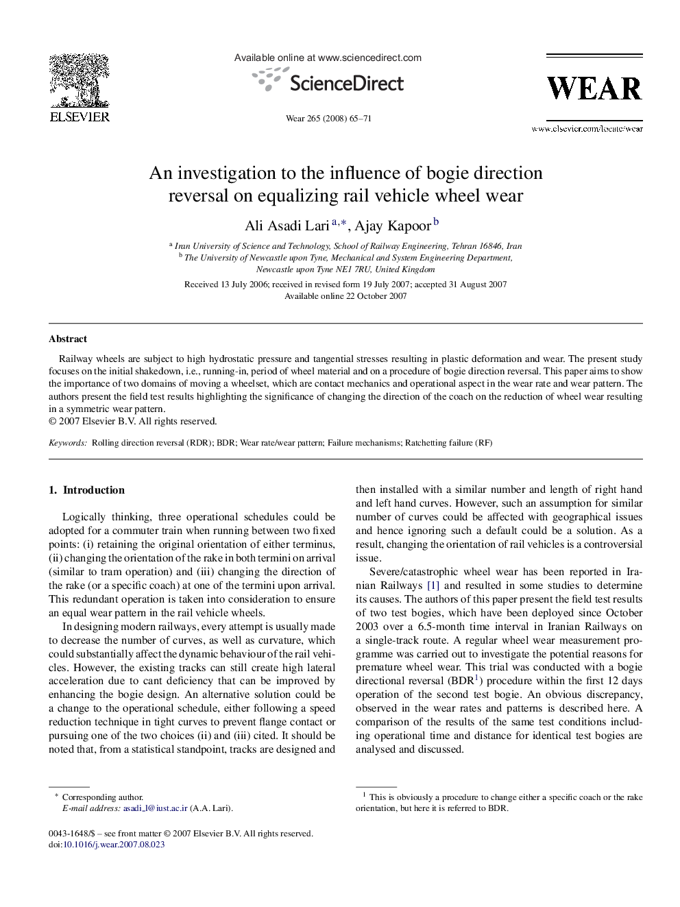 An investigation to the influence of bogie direction reversal on equalizing rail vehicle wheel wear