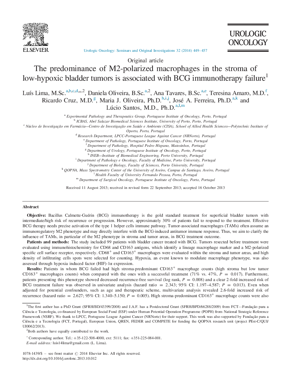 عکس صفحه اول مقاله: The predominance of M2-polarized macrophages in the stroma of low-hypoxic bladder tumors is associated with BCG immunotherapy failure1 The predominance of M2-polarized macrophages in the stroma of low-hypoxic bladder tumors is associated with BCG immunotherapy failure1
