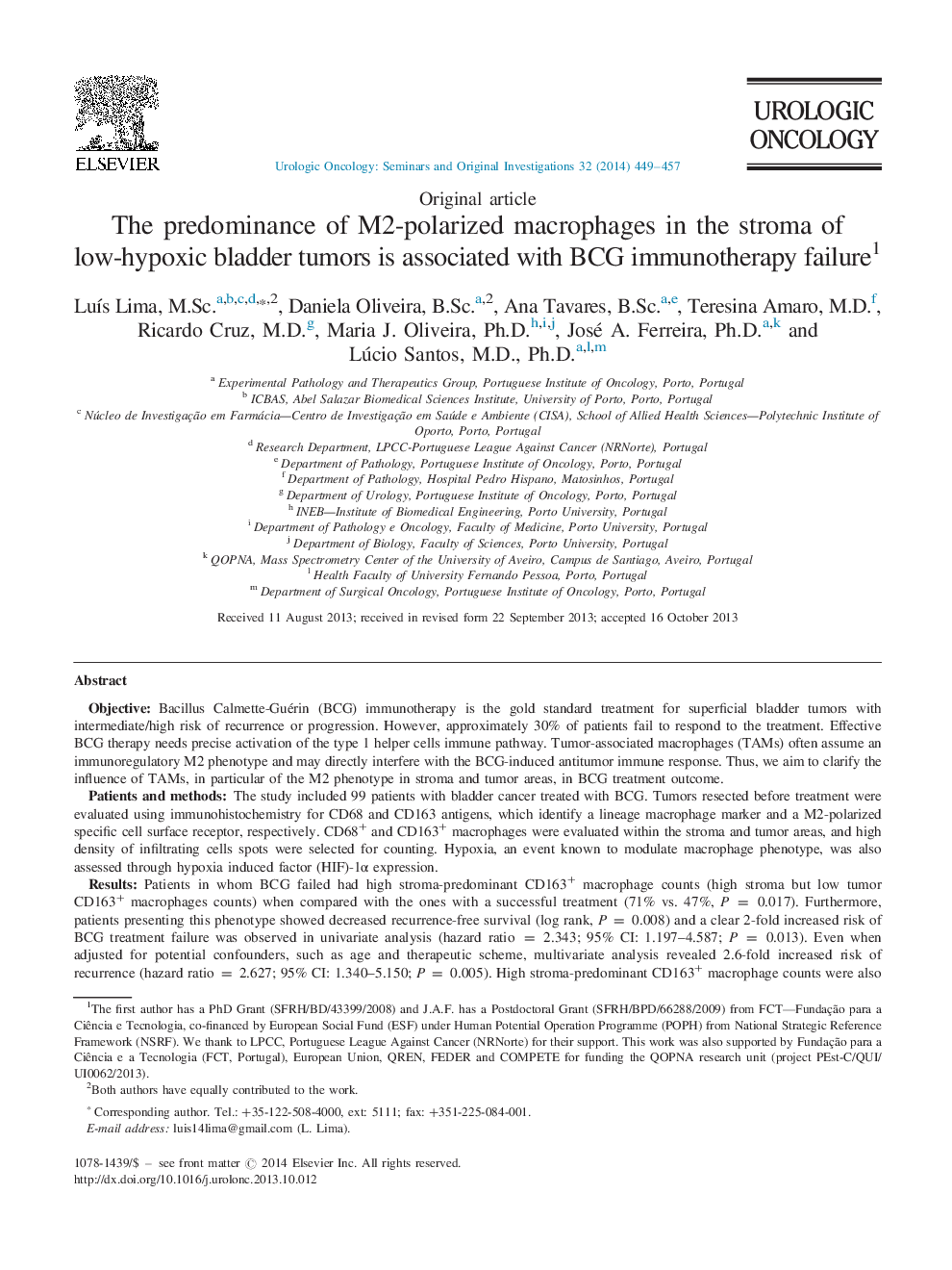 The predominance of M2-polarized macrophages in the stroma of low-hypoxic bladder tumors is associated with BCG immunotherapy failure1