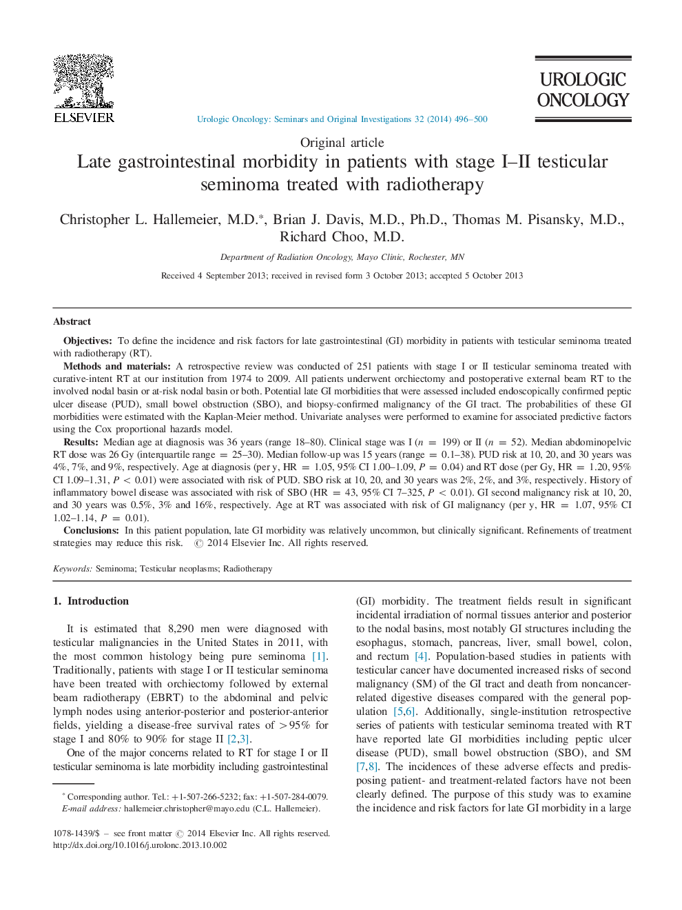 Late gastrointestinal morbidity in patients with stage I-II testicular seminoma treated with radiotherapy