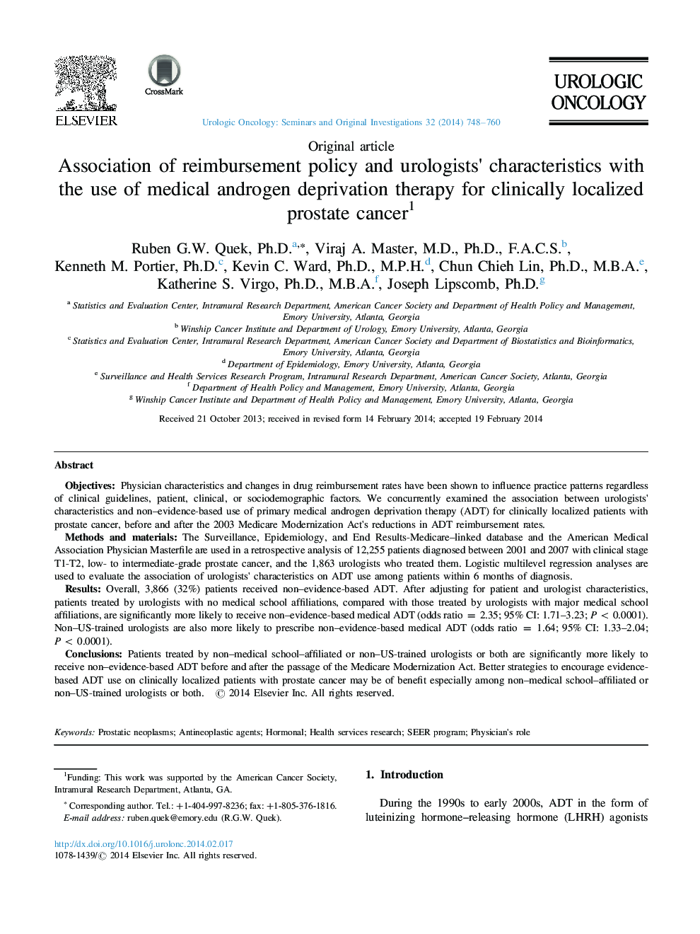 Association of reimbursement policy and urologists×³ characteristics with the use of medical androgen deprivation therapy for clinically localized prostate cancer1