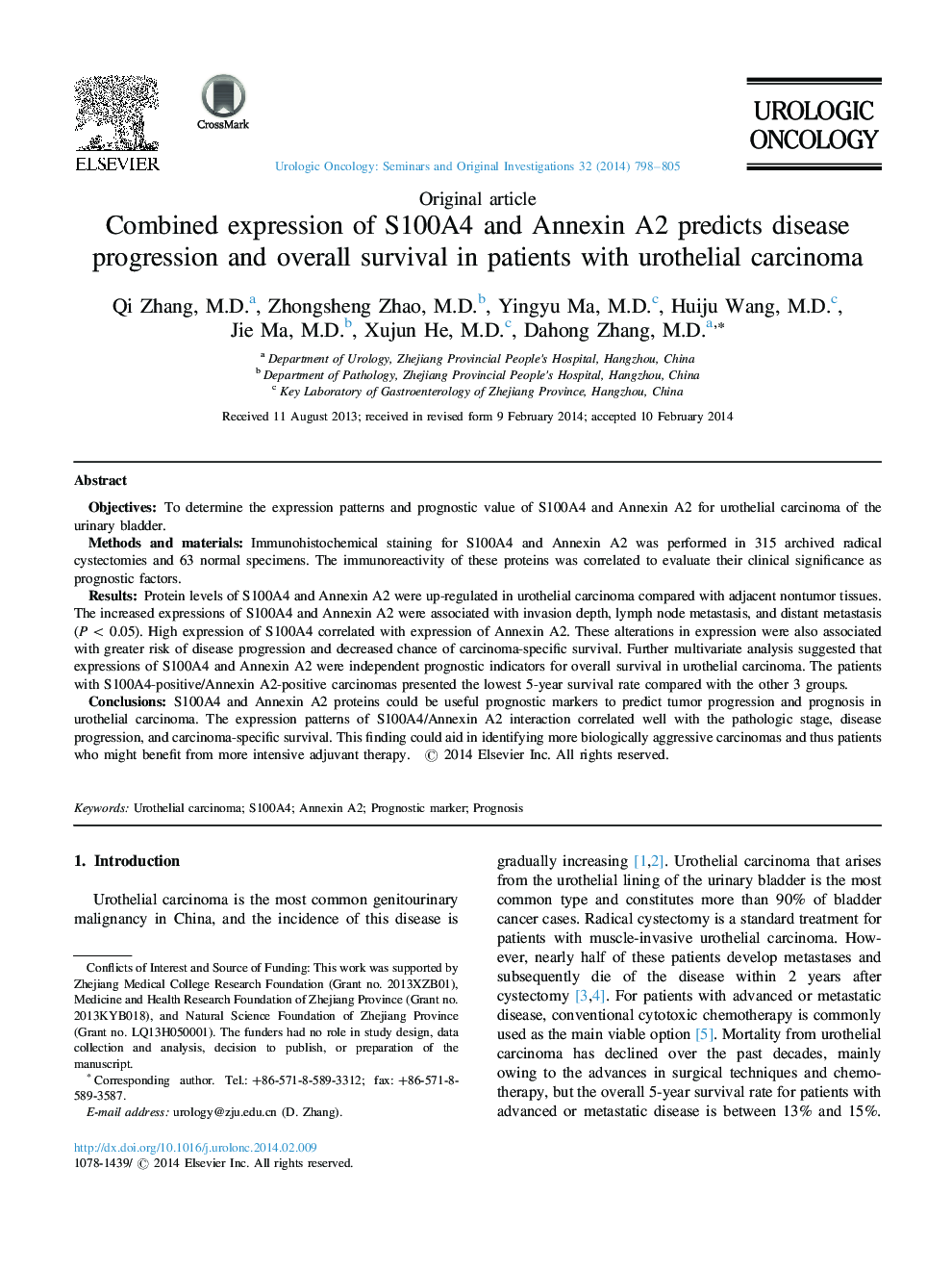 Combined expression of S100A4 and Annexin A2 predicts disease progression and overall survival in patients with urothelial carcinoma