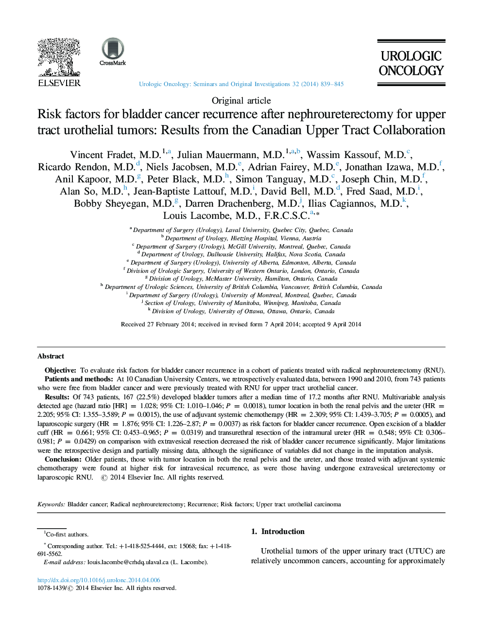 Risk factors for bladder cancer recurrence after nephroureterectomy for upper tract urothelial tumors: Results from the Canadian Upper Tract Collaboration