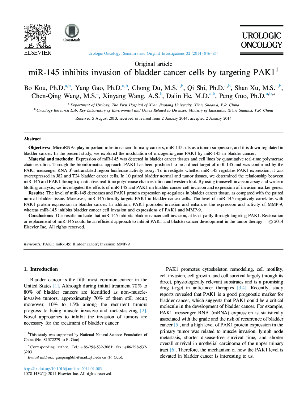 miR-145 inhibits invasion of bladder cancer cells by targeting PAK11