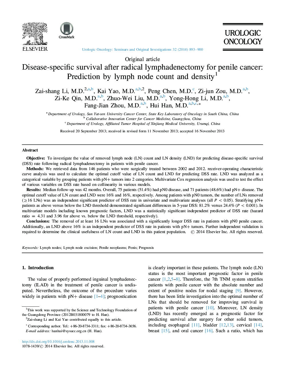 Disease-specific survival after radical lymphadenectomy for penile cancer: Prediction by lymph node count and density1