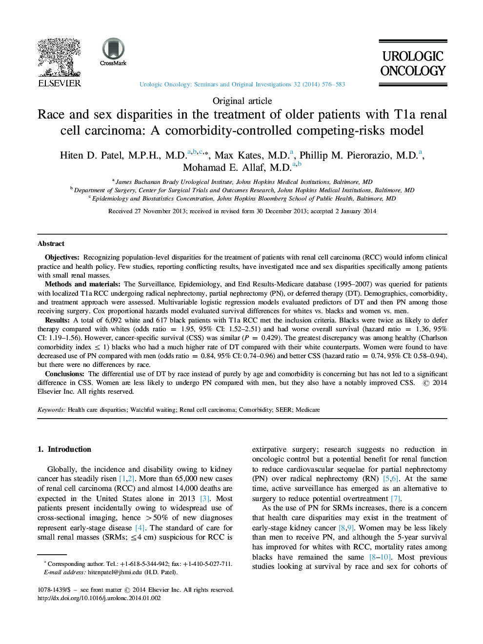 Race and sex disparities in the treatment of older patients with T1a renal cell carcinoma: A comorbidity-controlled competing-risks model