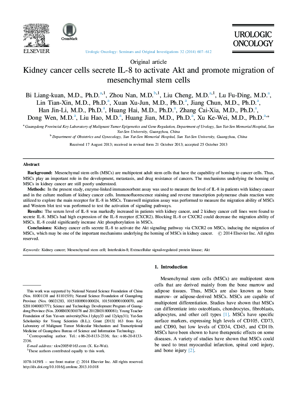 Kidney cancer cells secrete IL-8 to activate Akt and promote migration of mesenchymal stem cells