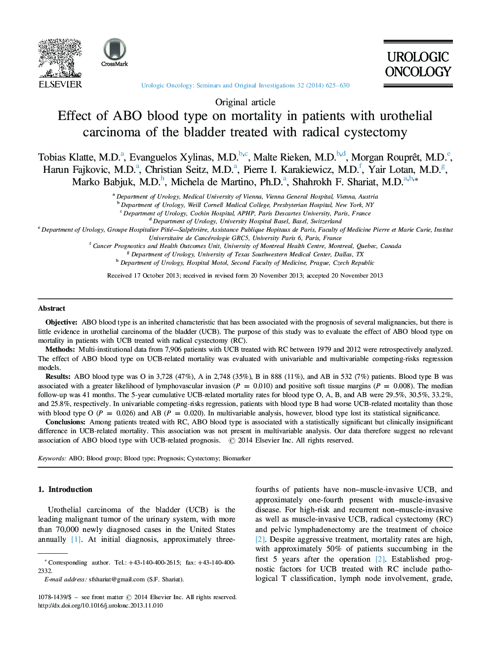 Effect of ABO blood type on mortality in patients with urothelial carcinoma of the bladder treated with radical cystectomy