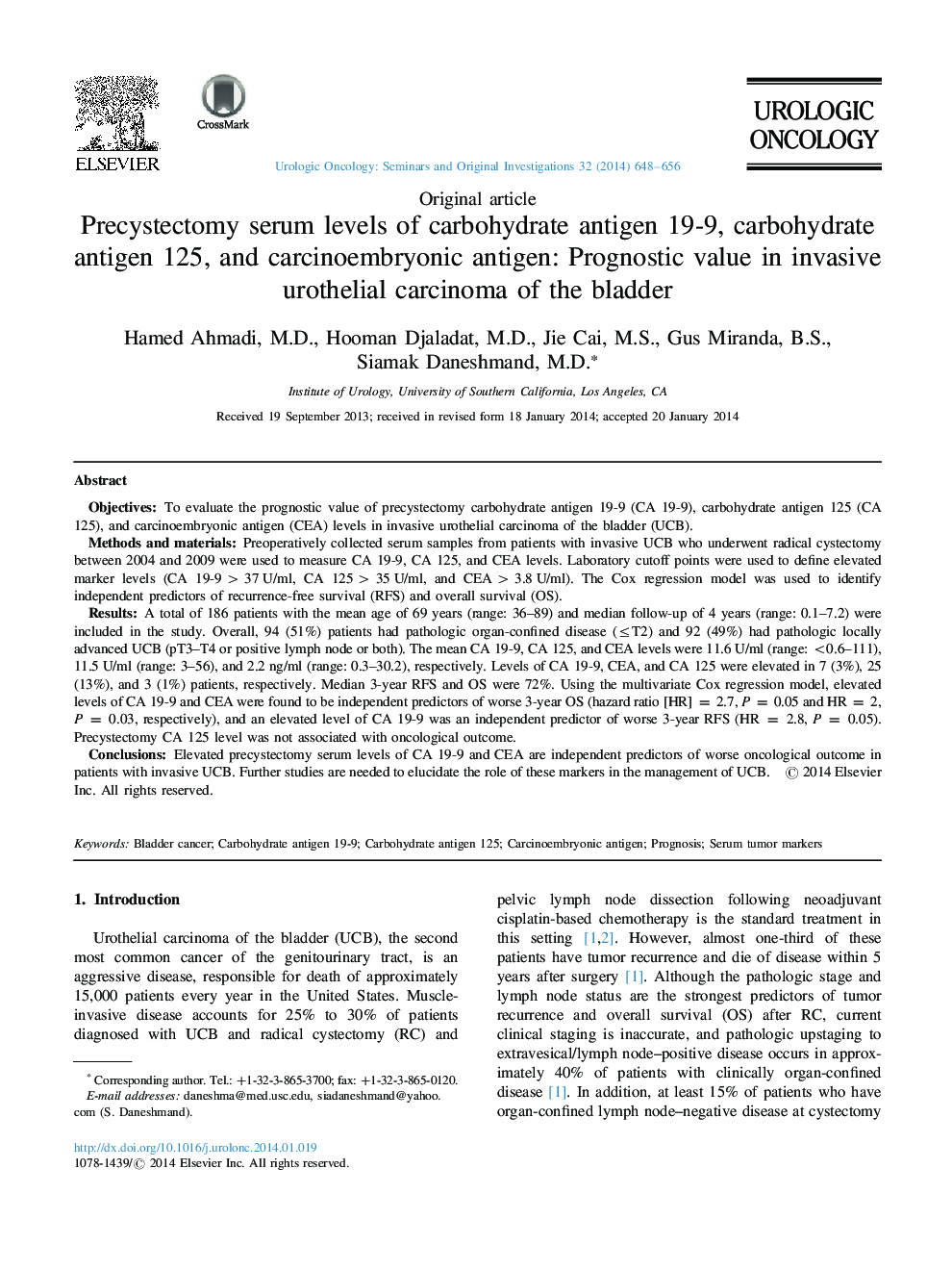 Precystectomy serum levels of carbohydrate antigen 19-9, carbohydrate antigen 125, and carcinoembryonic antigen: Prognostic value in invasive urothelial carcinoma of the bladder