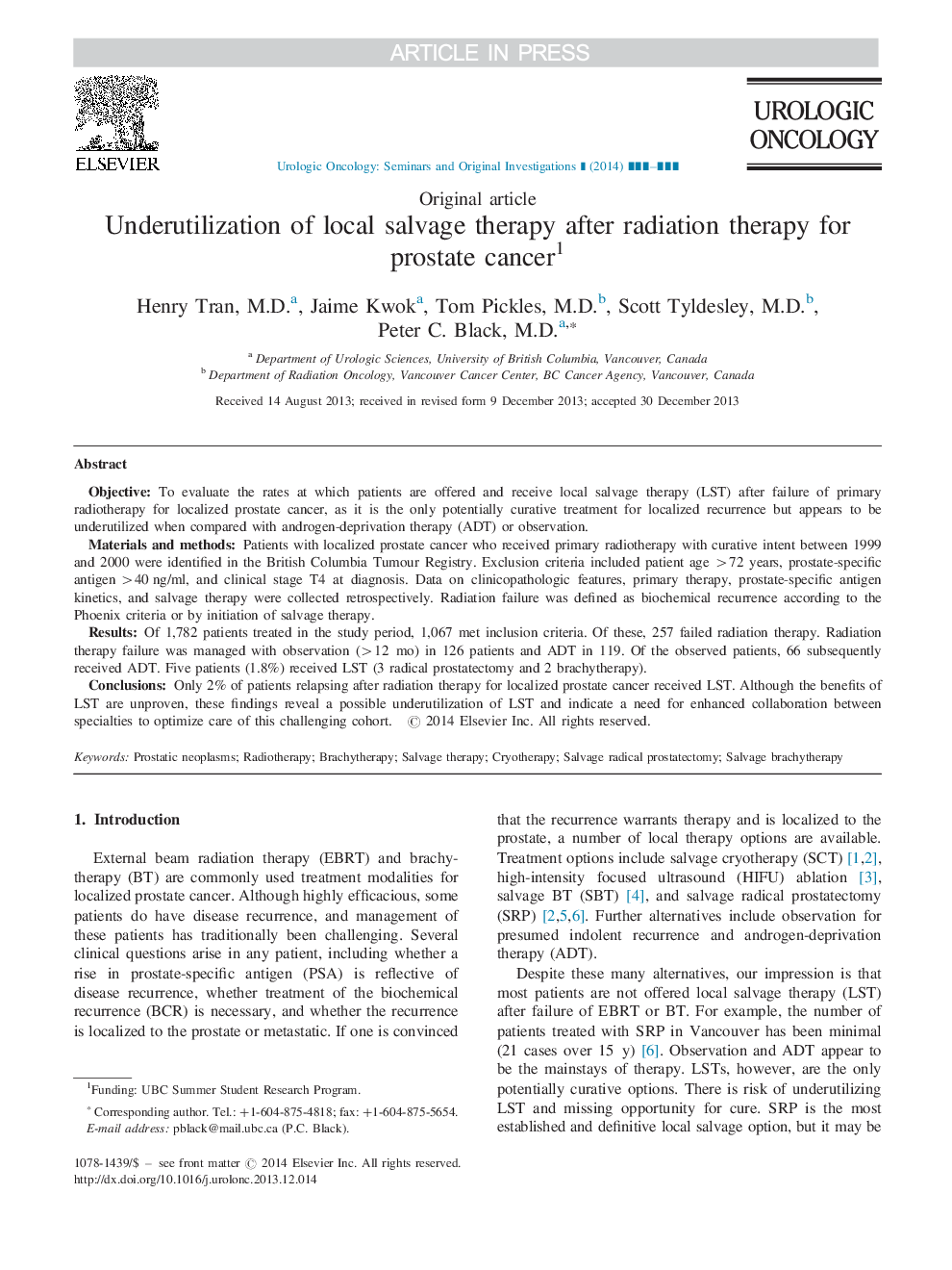 کمبود استفاده از درمان جسمانی محلی بعد از پرتودرمانی برای سرطان پروستات 1 