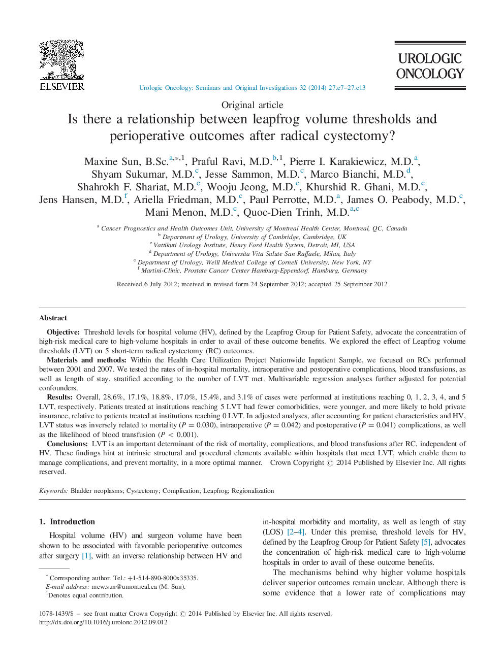 Is there a relationship between leapfrog volume thresholds and perioperative outcomes after radical cystectomy?