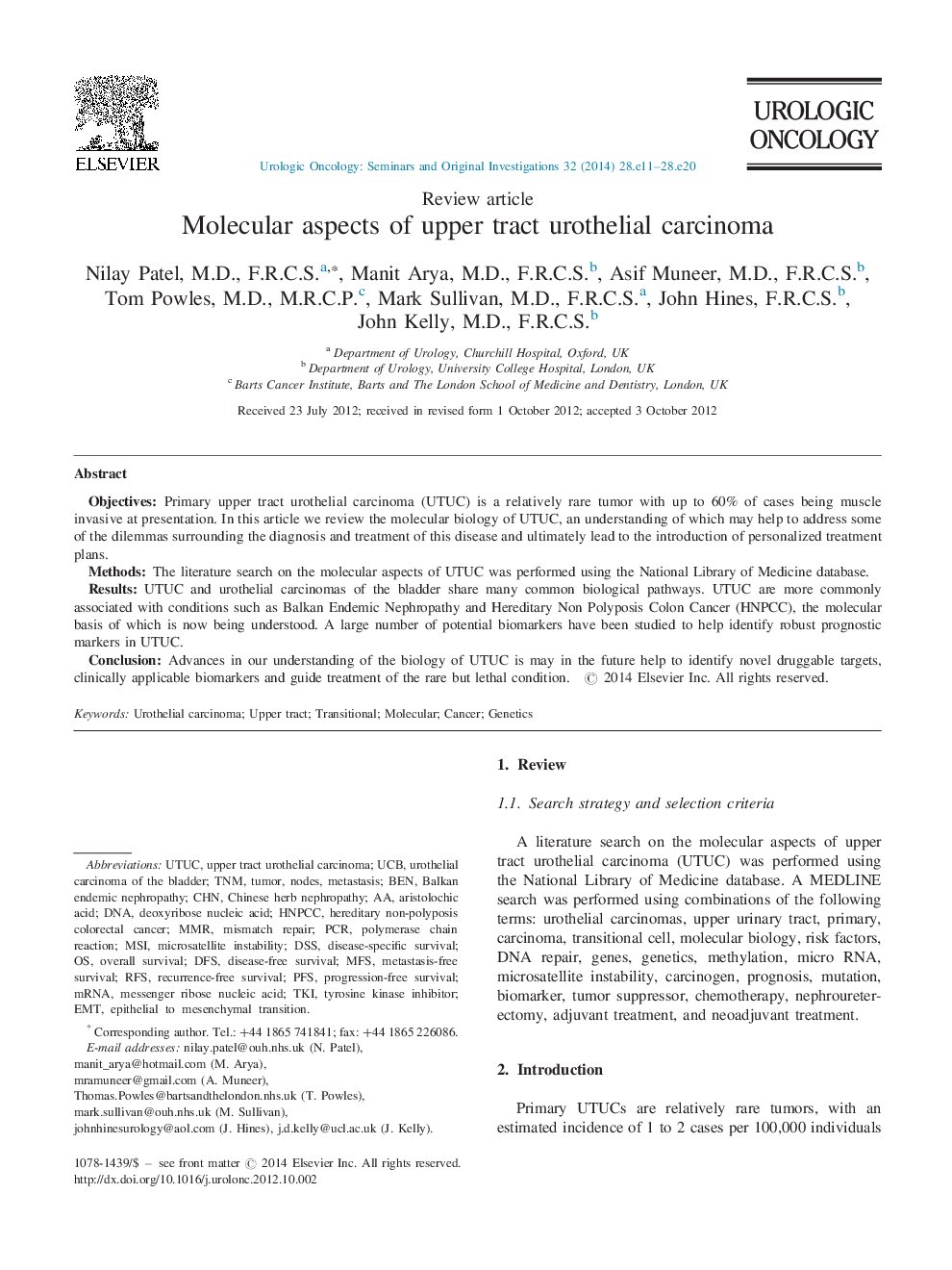 Molecular aspects of upper tract urothelial carcinoma