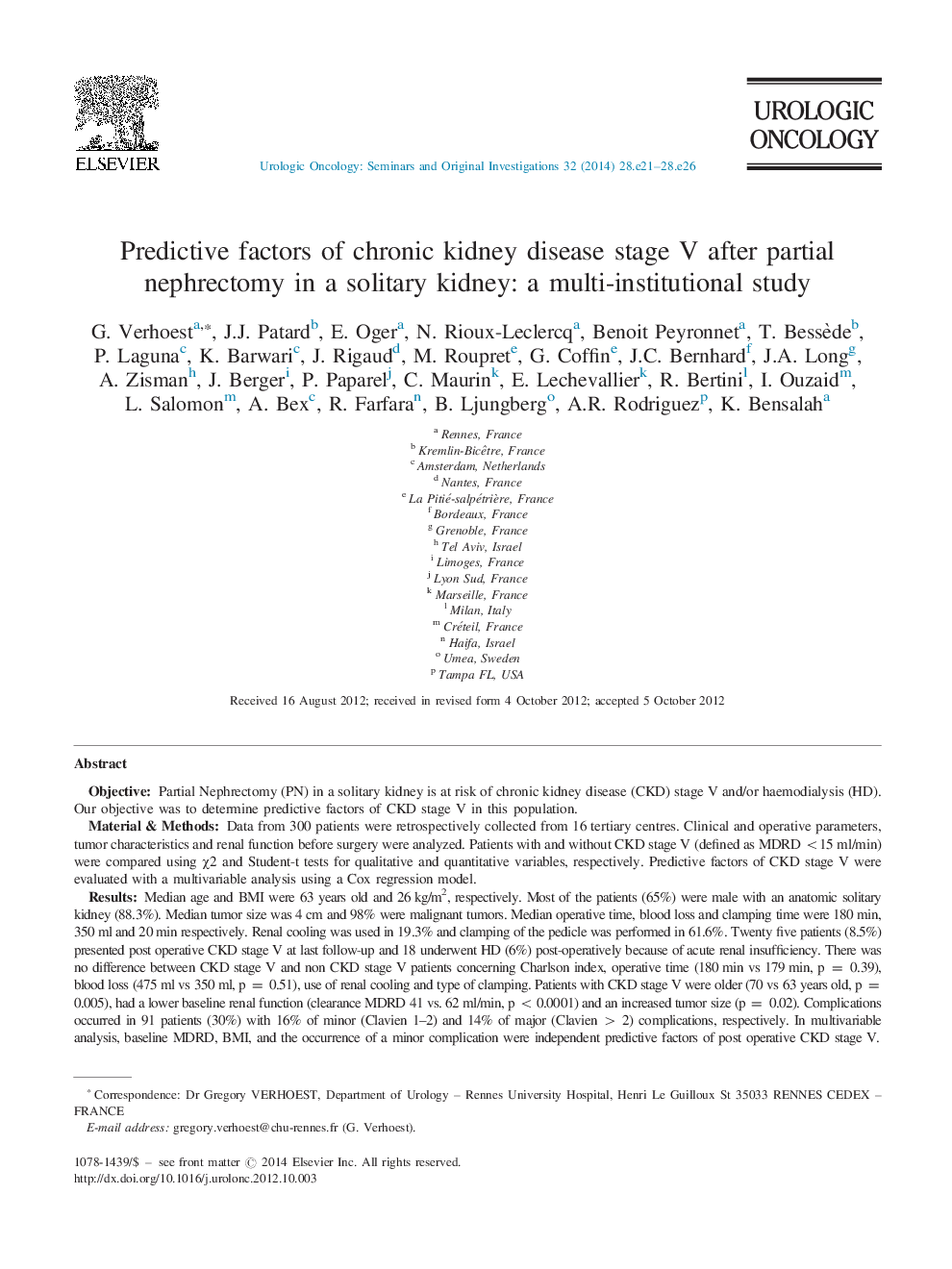 Predictive factors of chronic kidney disease stage V after partial nephrectomy in a solitary kidney: a multi-institutional study