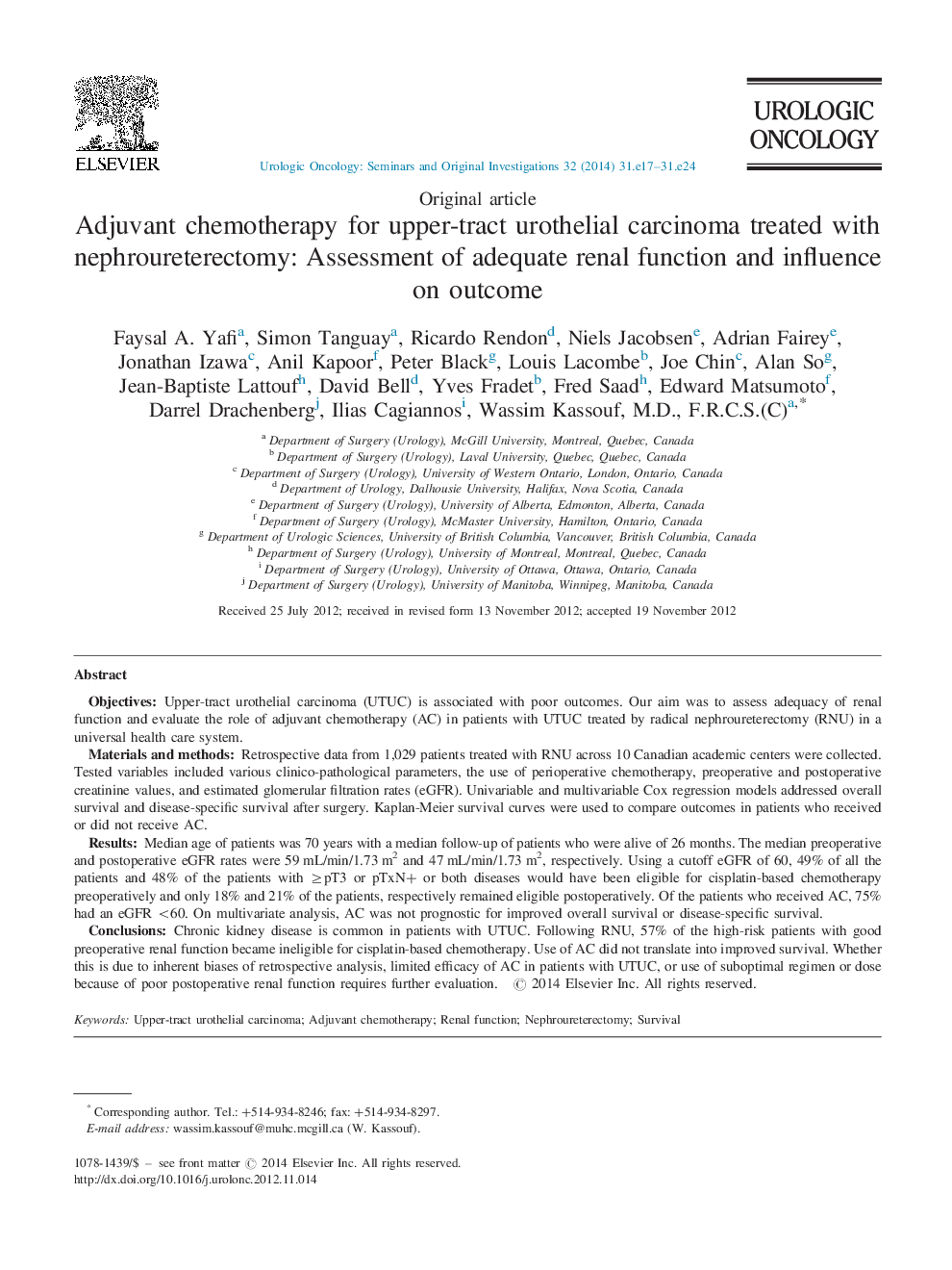 Adjuvant chemotherapy for upper-tract urothelial carcinoma treated with nephroureterectomy: Assessment of adequate renal function and influence on outcome