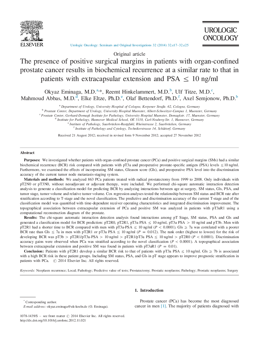 عکس صفحه اول مقاله: The presence of positive surgical margins in patients with organ-confined prostate cancer results in biochemical recurrence at a similar rate to that in patients with extracapsular extension and PSAâ¤10 ng/ml The presence of positive surgical margins in patients with organ-confined prostate cancer results in biochemical recurrence at a similar rate to that in patients with extracapsular extension and PSAâ¤10 ng/ml