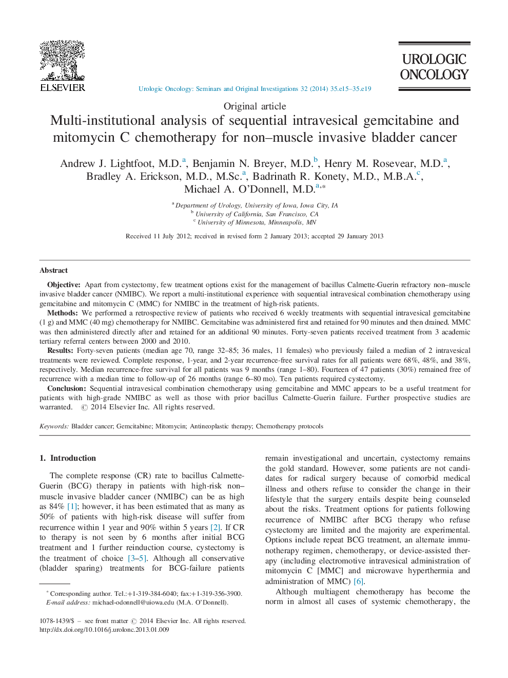 Multi-institutional analysis of sequential intravesical gemcitabine and mitomycin C chemotherapy for non-muscle invasive bladder cancer