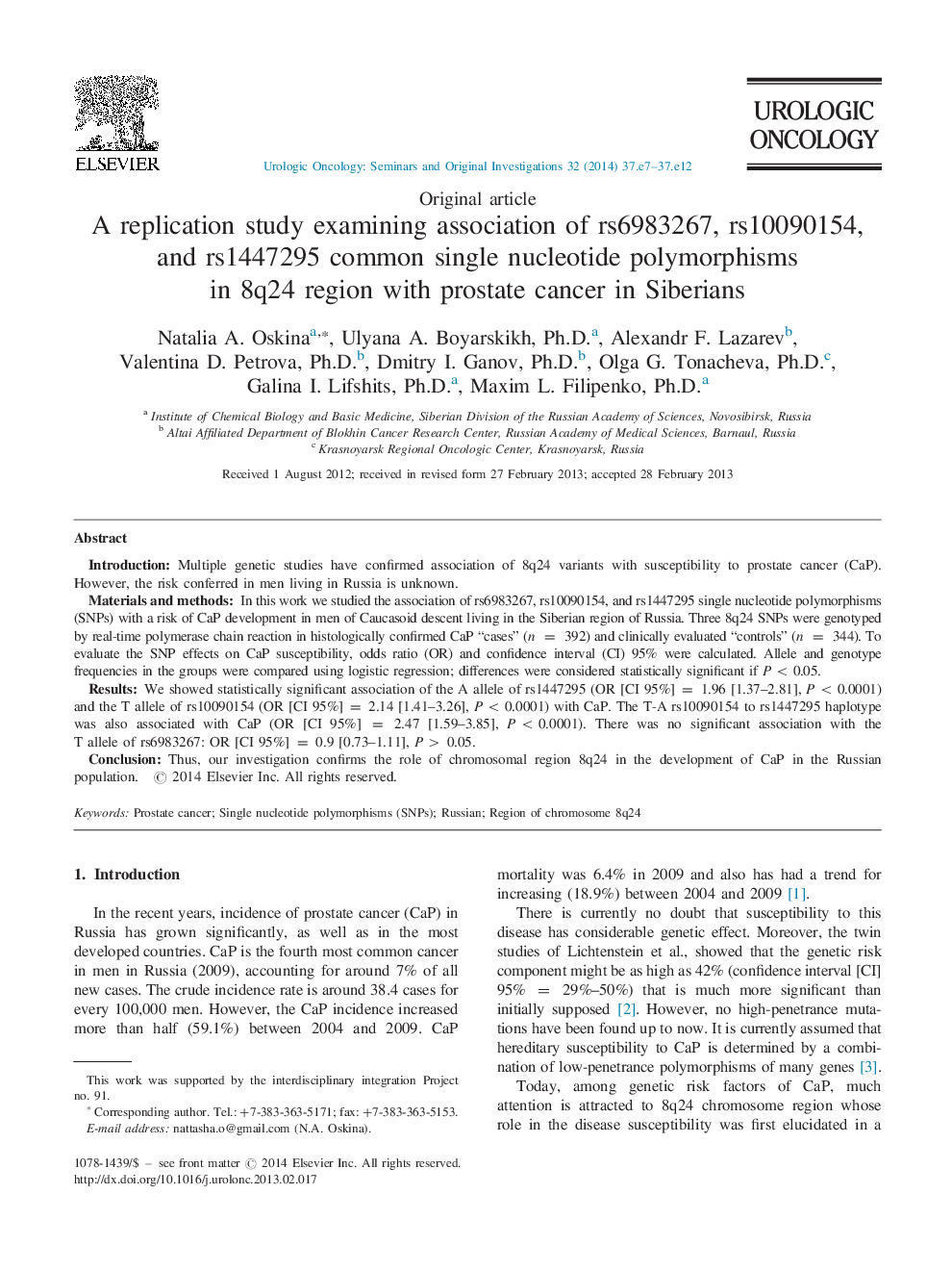 A replication study examining association of rs6983267, rs10090154, and rs1447295 common single nucleotide polymorphisms in 8q24 region with prostate cancer in Siberians