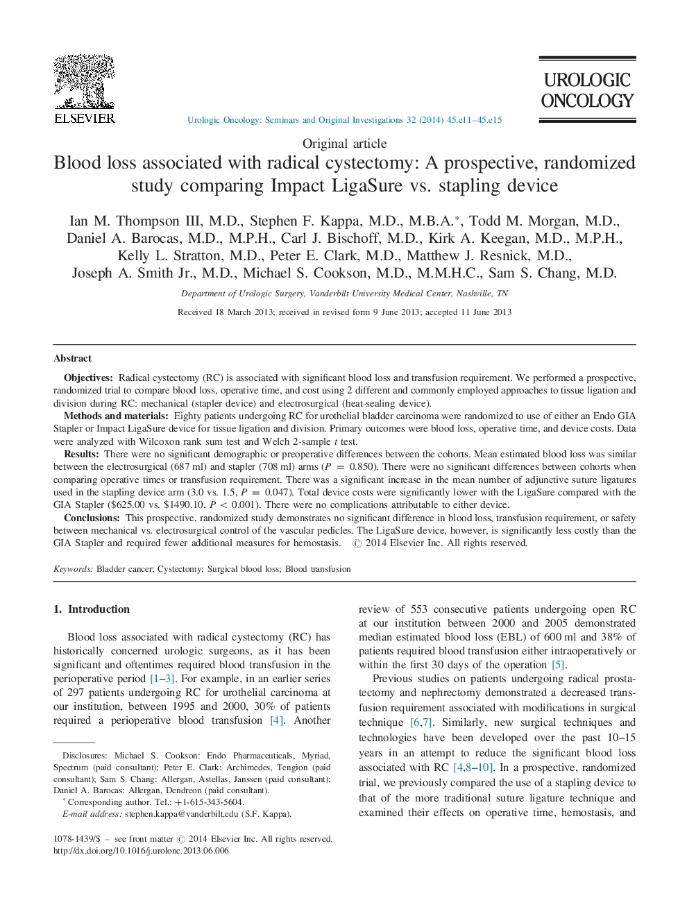 Blood loss associated with radical cystectomy: A prospective, randomized study comparing Impact LigaSure vs. stapling device