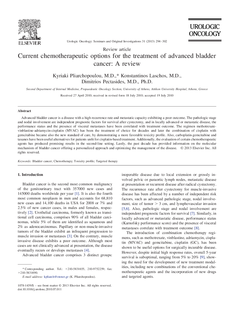 Current chemotherapeutic options for the treatment of advanced bladder cancer: A review