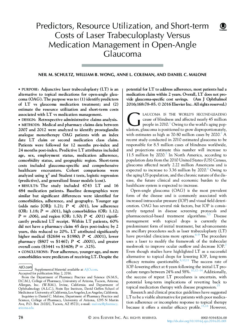 Predictors, Resource Utilization, and Short-term Costs of Laser Trabeculoplasty Versus Medication Management in Open-Angle Glaucoma