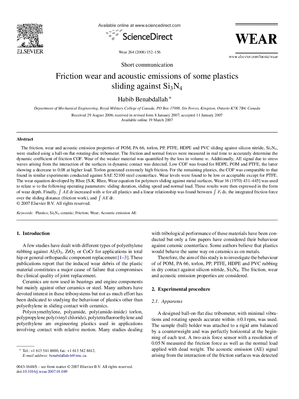 Friction wear and acoustic emissions of some plastics sliding against Si3N4