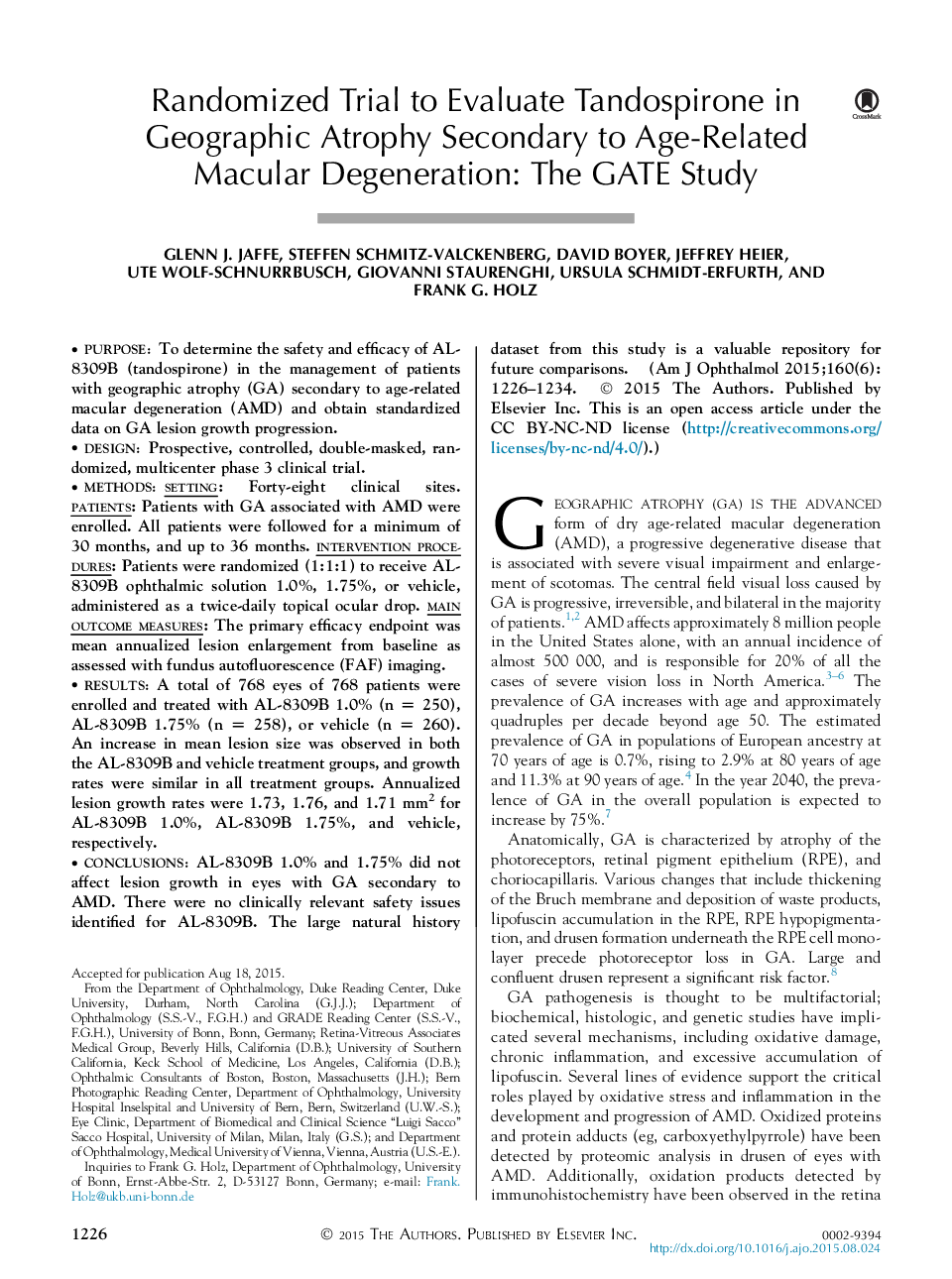 Randomized Trial to Evaluate Tandospirone in Geographic Atrophy Secondary to Age-Related Macular Degeneration: The GATE Study