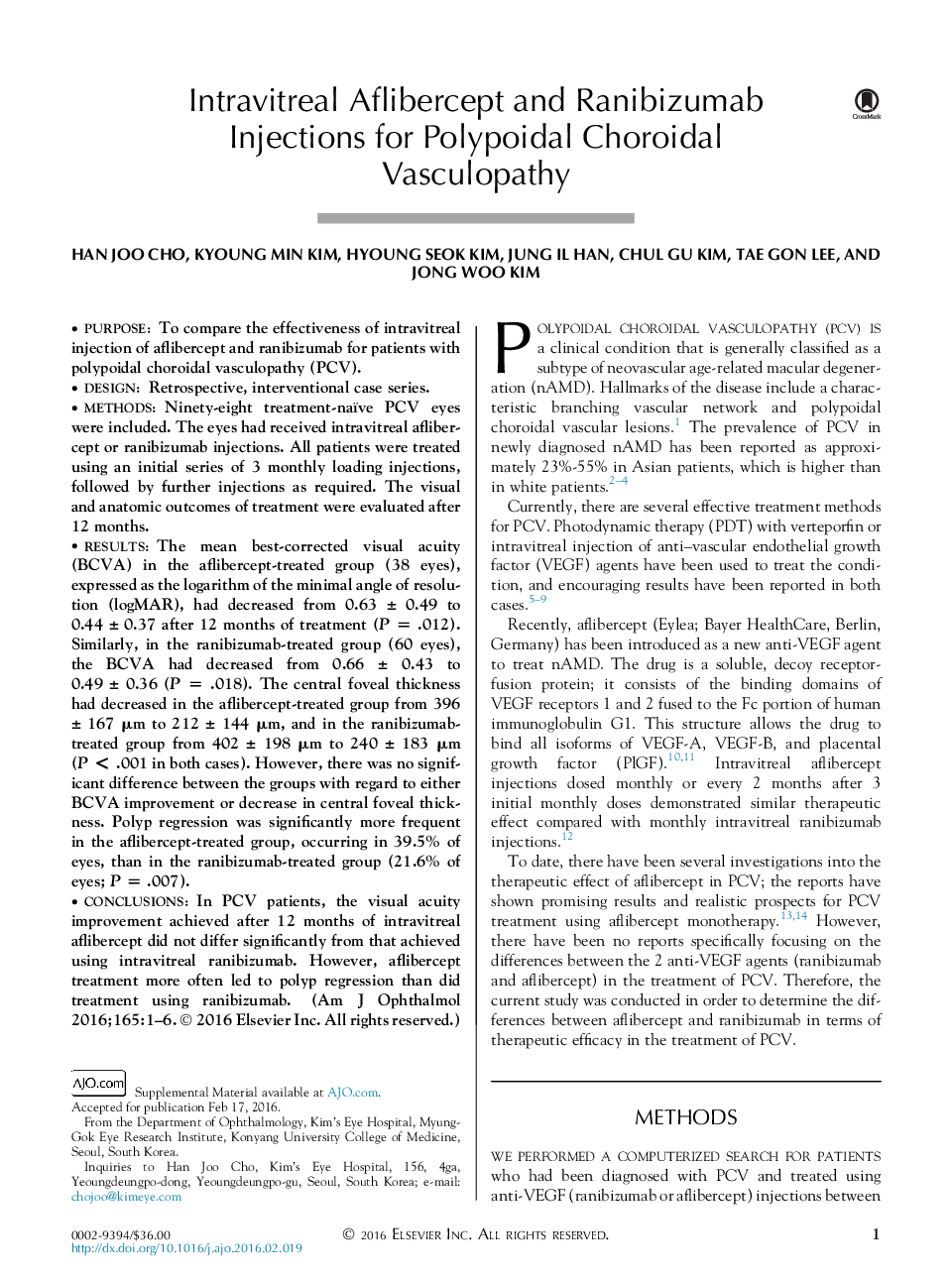 Intravitreal Aflibercept and Ranibizumab Injections for Polypoidal Choroidal Vasculopathy