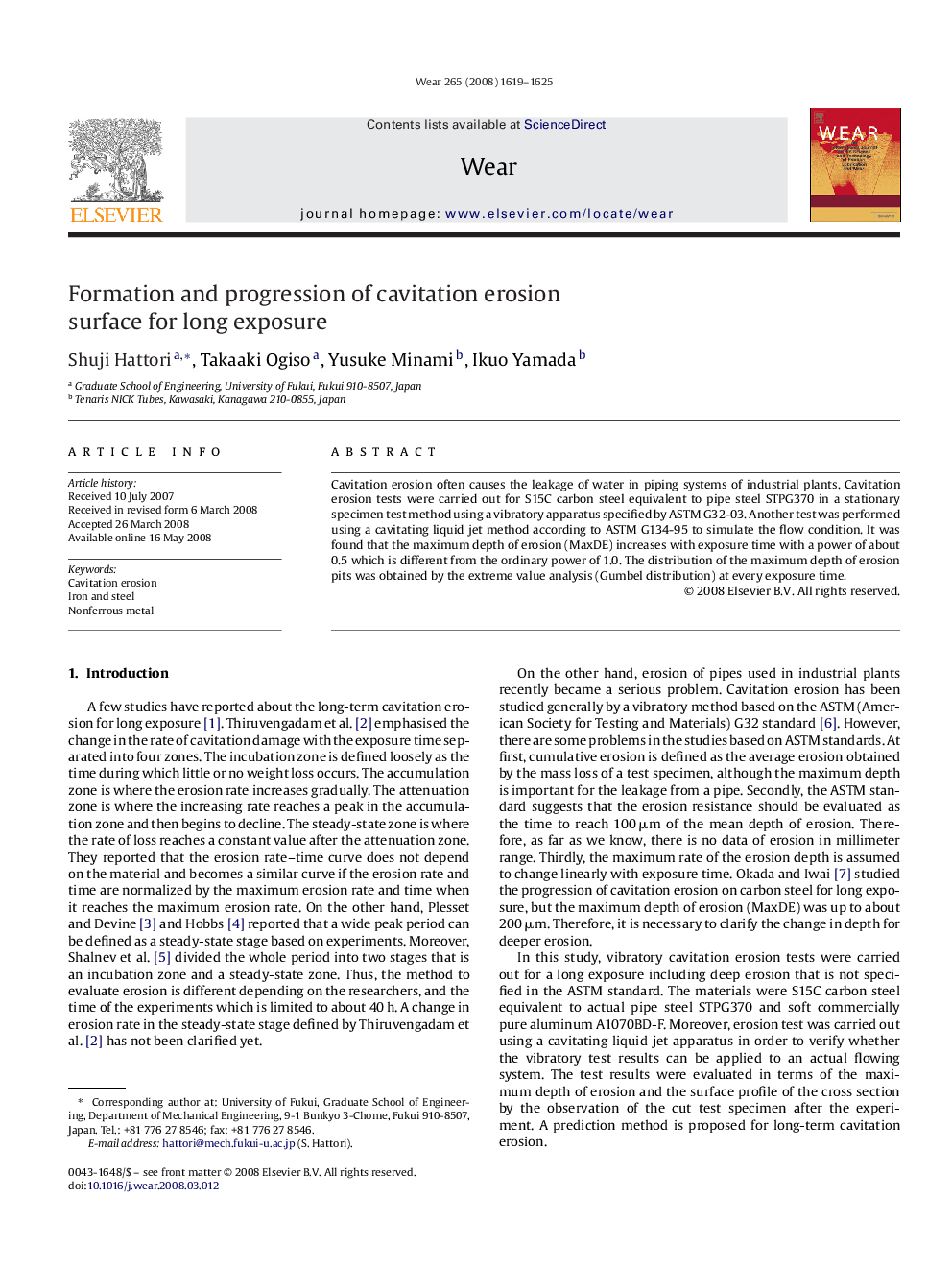 Formation and progression of cavitation erosion surface for long exposure