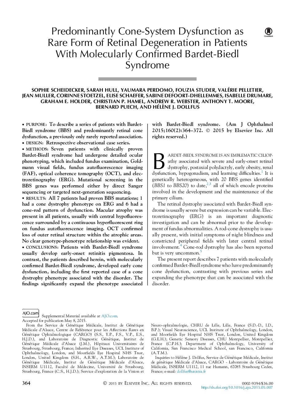 Predominantly Cone-System Dysfunction as Rare Form of Retinal Degeneration in Patients With Molecularly Confirmed Bardet-Biedl Syndrome