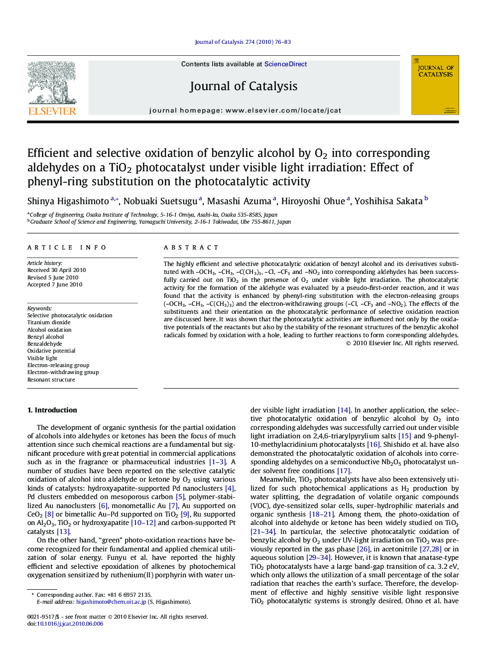 Efficient and selective oxidation of benzylic alcohol by O2 into corresponding aldehydes on a TiO2 photocatalyst under visible light irradiation: Effect of phenyl-ring substitution on the photocatalytic activity