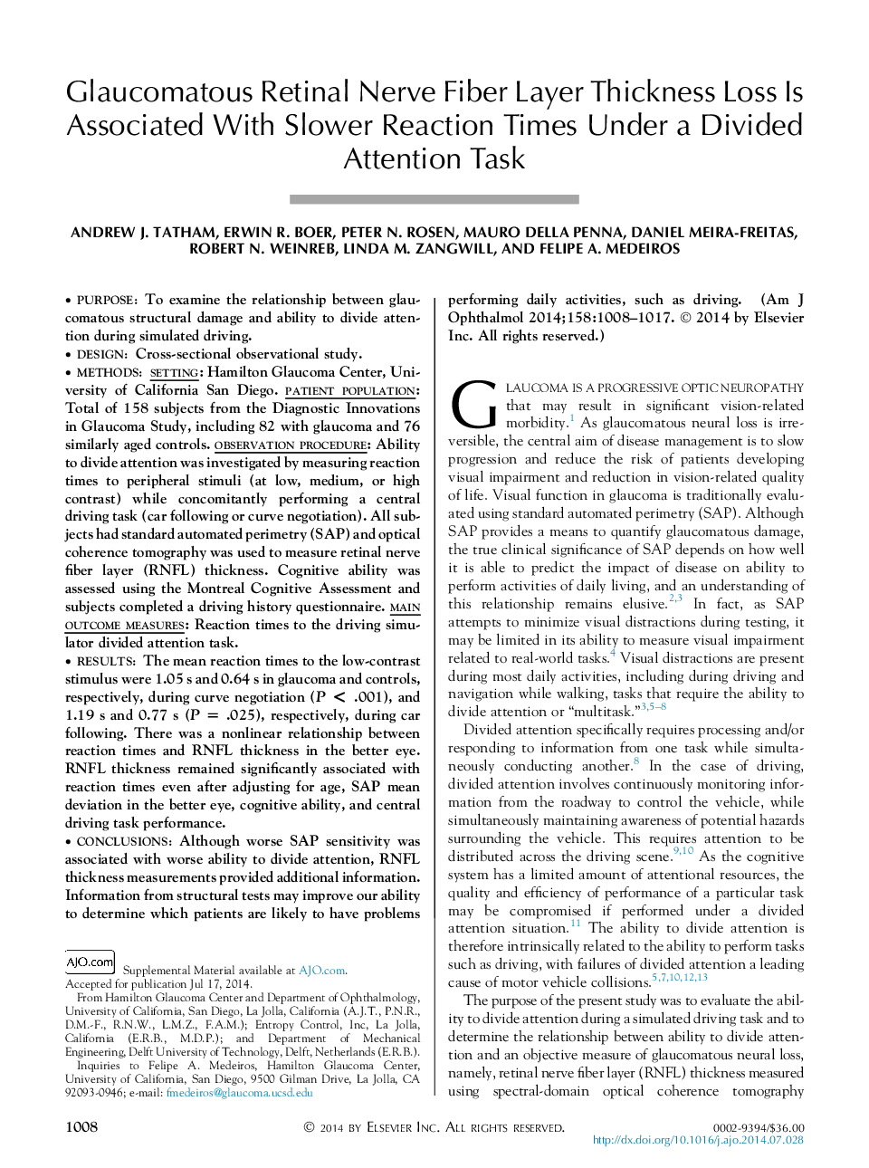 کاهش ضخامت لایه فیبر نوری شبکیه با کاهش زمان واکنش با توجه به کار متمرکز 