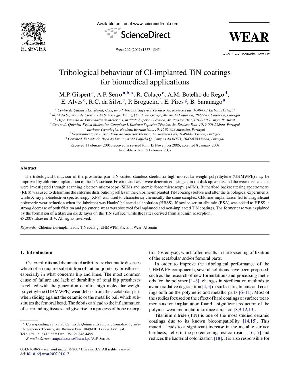 Tribological behaviour of Cl-implanted TiN coatings for biomedical applications