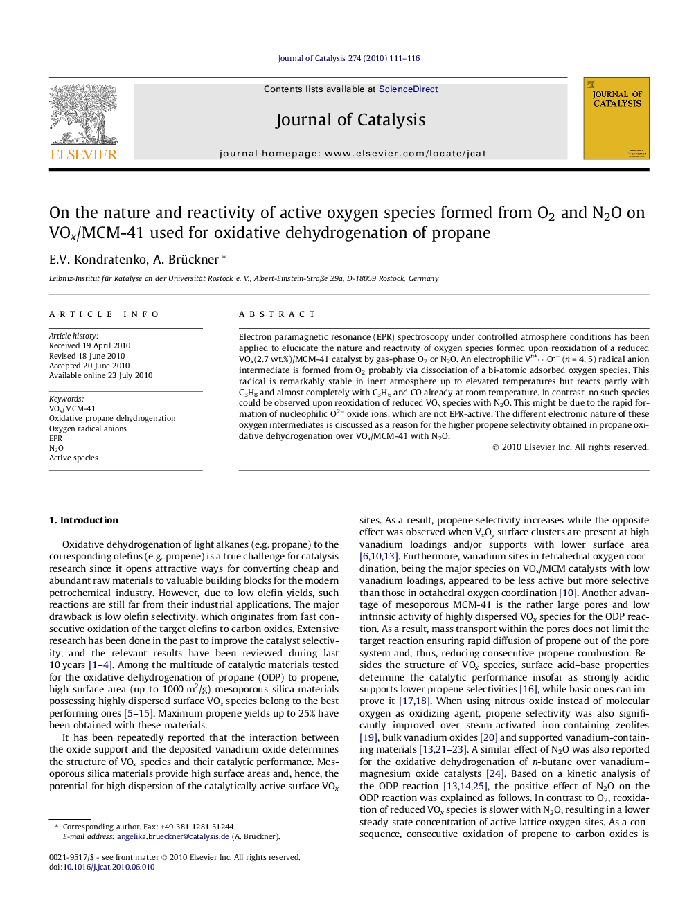 On the nature and reactivity of active oxygen species formed from O2 and N2O on VOx/MCM-41 used for oxidative dehydrogenation of propane