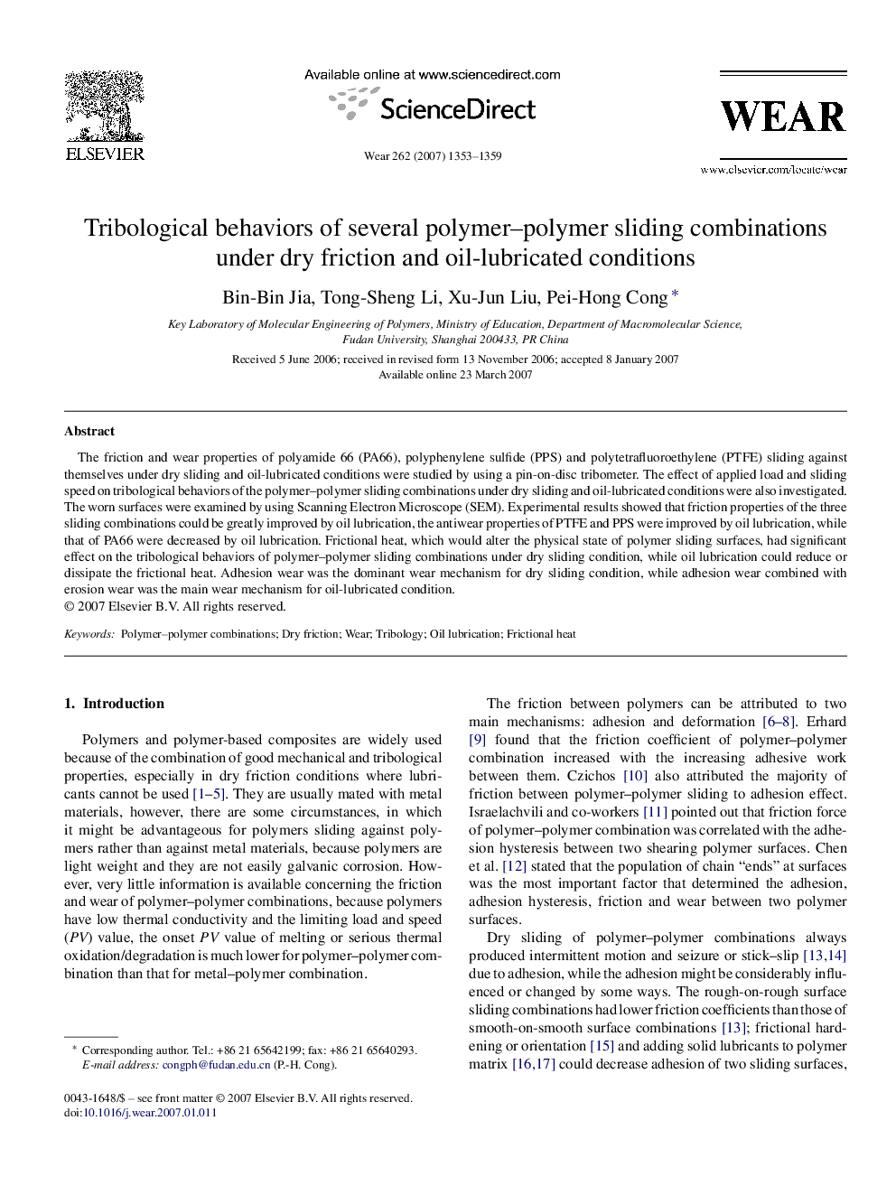 Tribological behaviors of several polymer–polymer sliding combinations under dry friction and oil-lubricated conditions