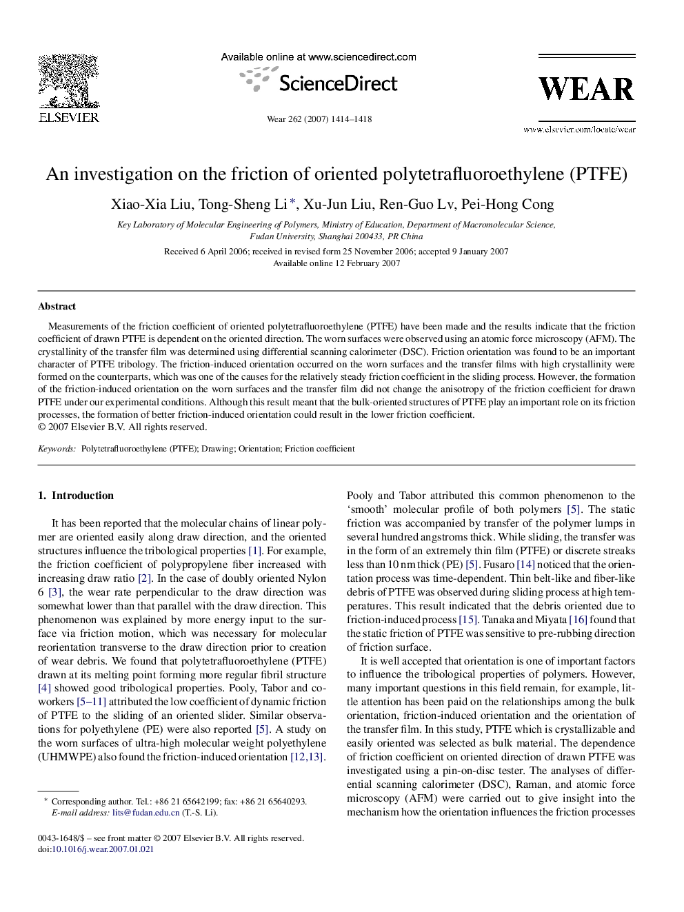 An investigation on the friction of oriented polytetrafluoroethylene (PTFE)