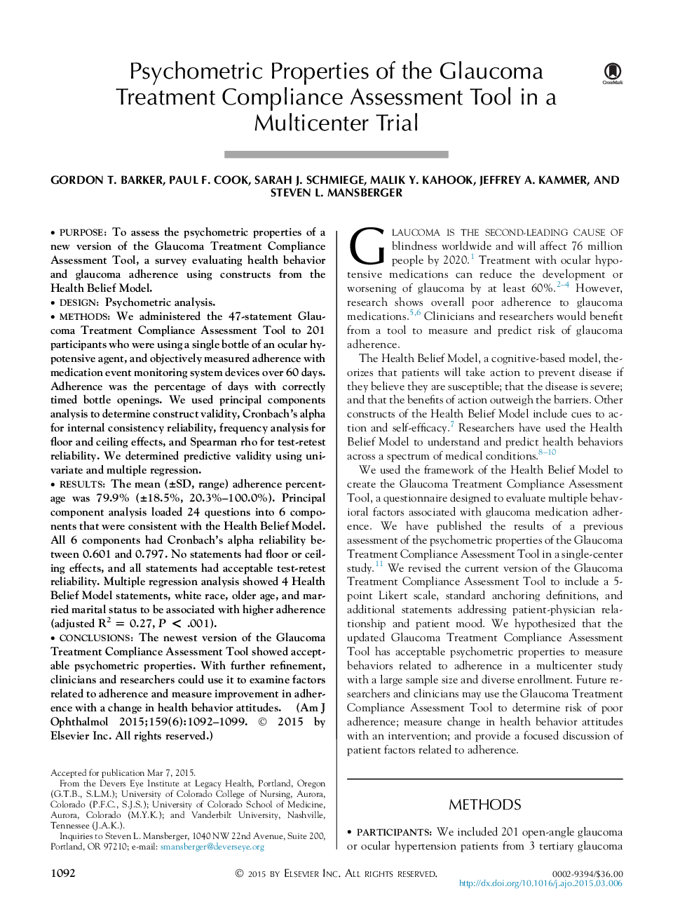 Psychometric Properties of the Glaucoma Treatment Compliance Assessment Tool in a Multicenter Trial