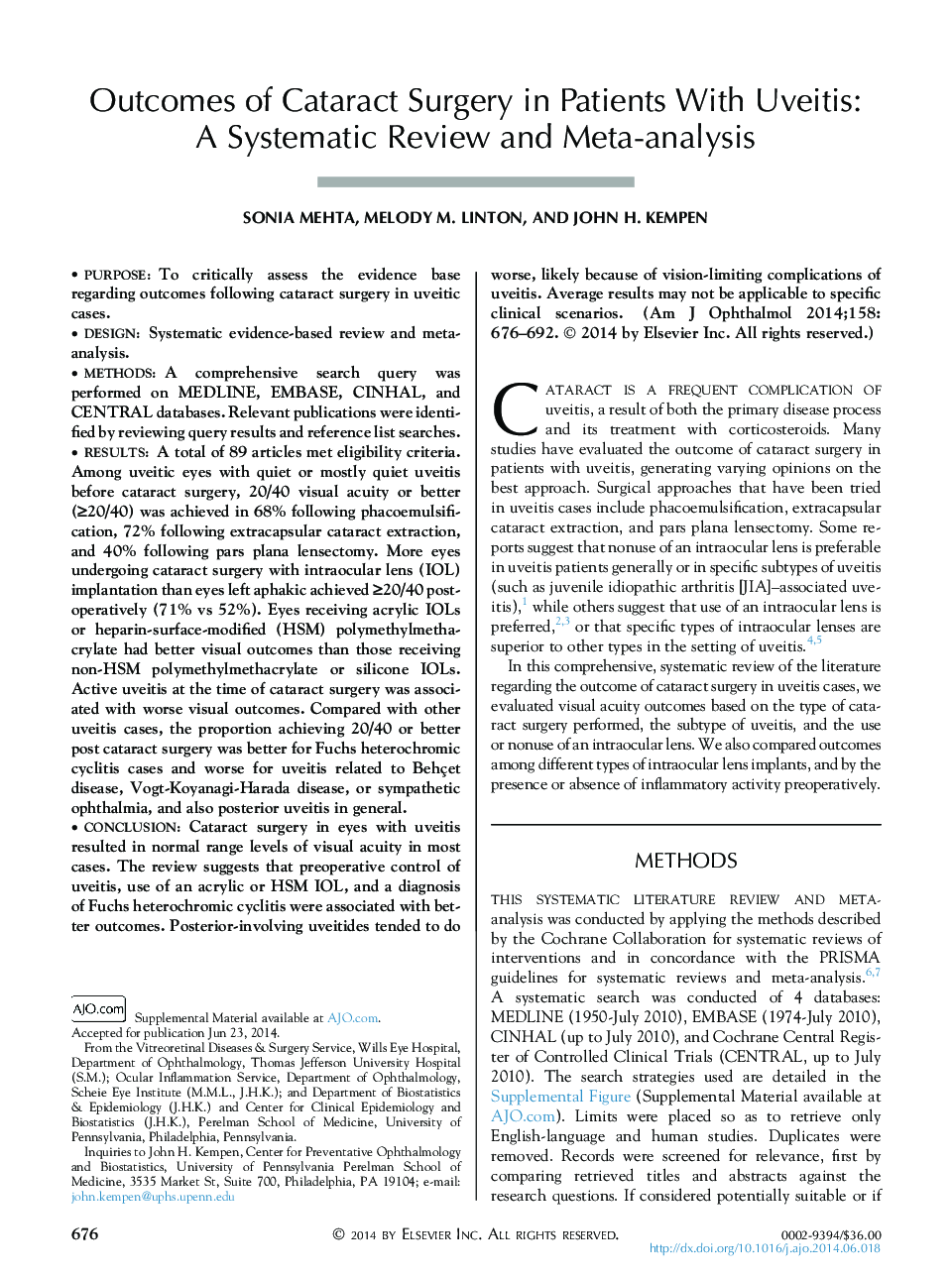 Outcomes of Cataract Surgery in Patients With Uveitis: A Systematic Review and Meta-analysis