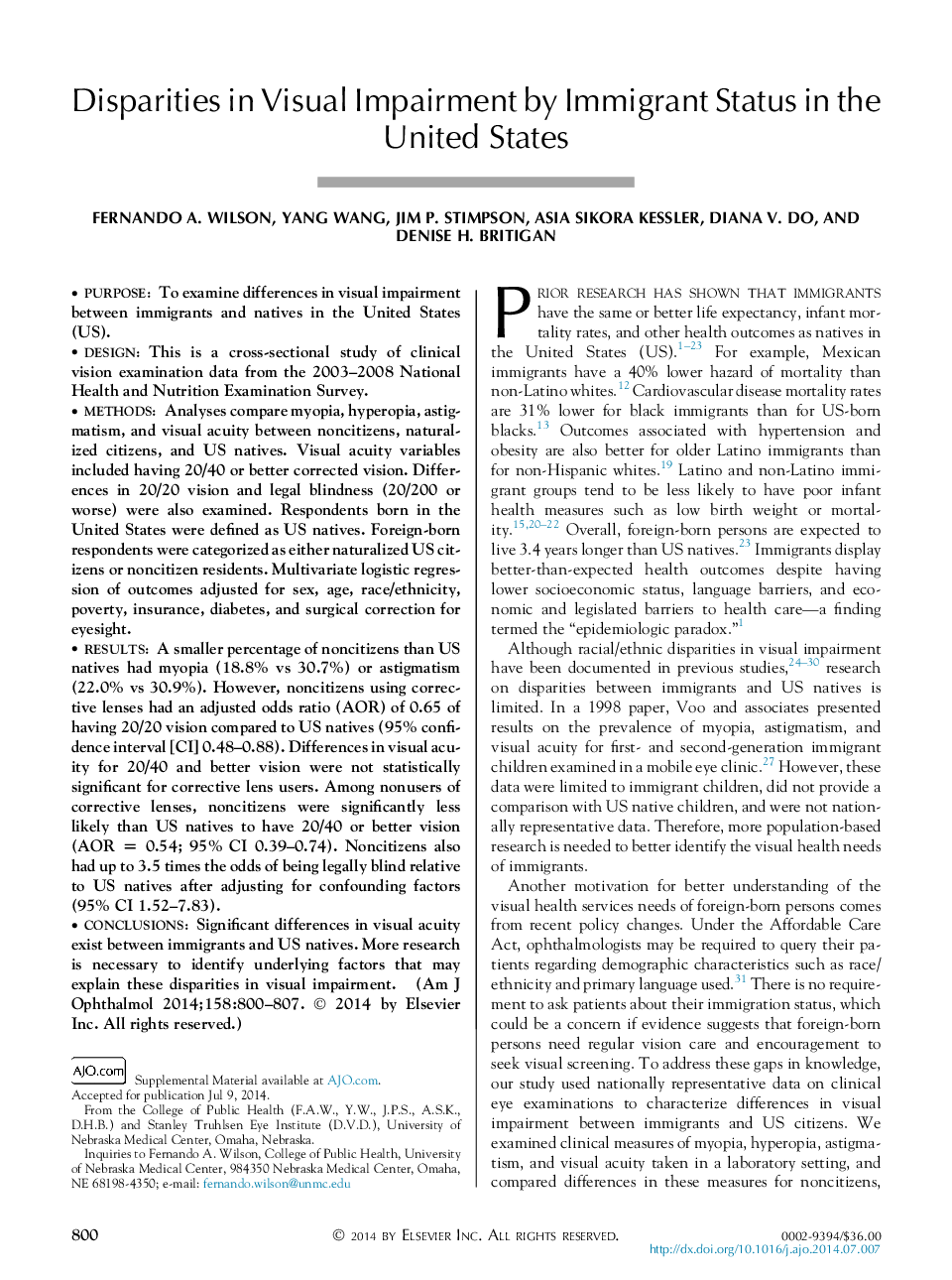 Disparities in Visual Impairment by Immigrant Status in the United States