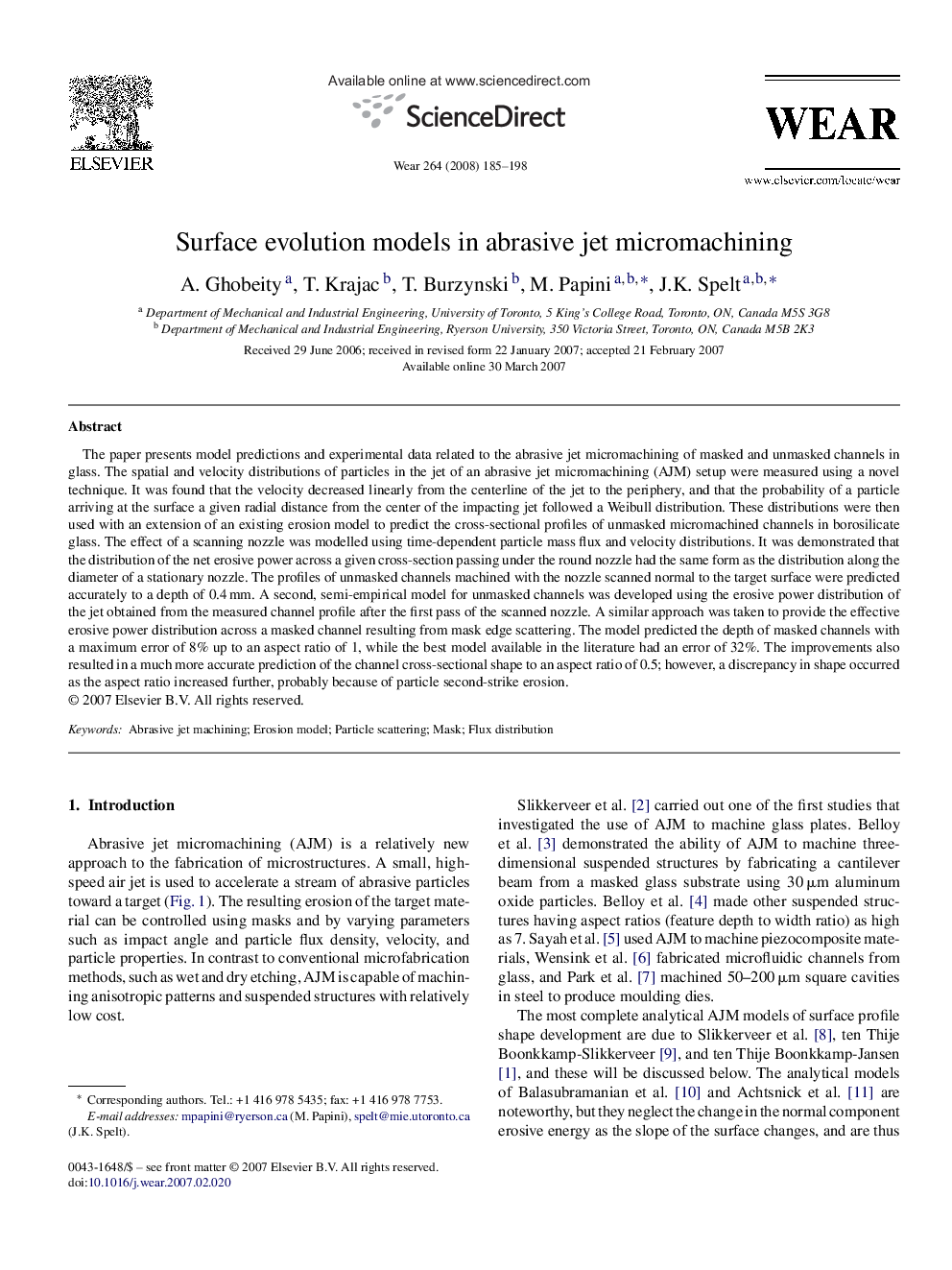 Surface evolution models in abrasive jet micromachining