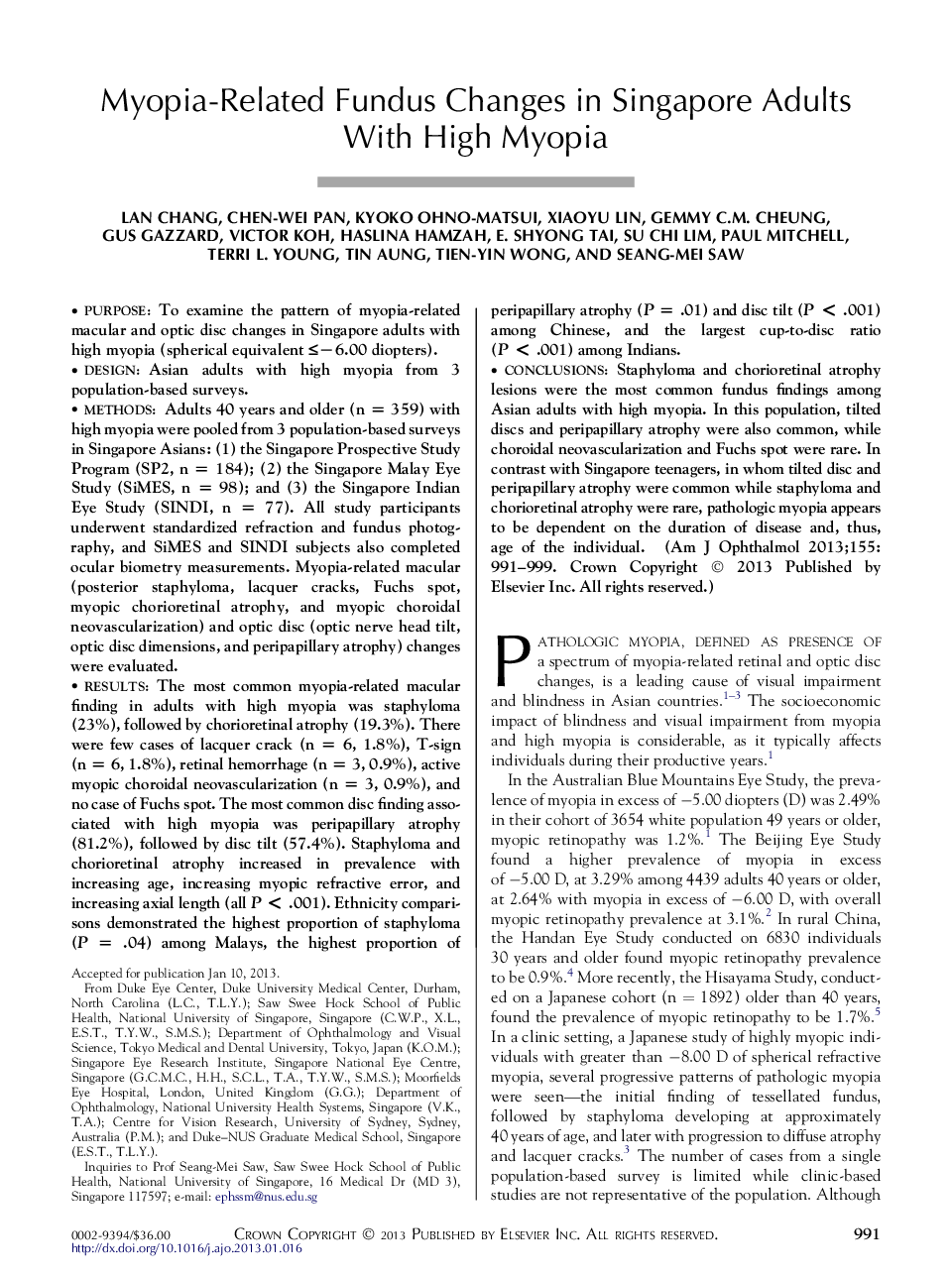 Myopia-Related Fundus Changes in Singapore Adults WithÂ High Myopia