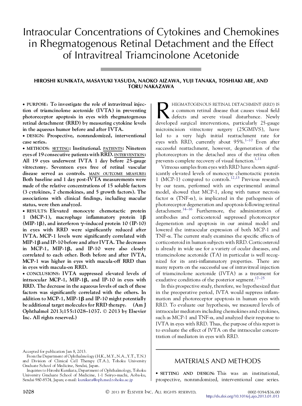 Intraocular Concentrations of Cytokines and Chemokines in Rhegmatogenous Retinal Detachment and the Effect of Intravitreal Triamcinolone Acetonide