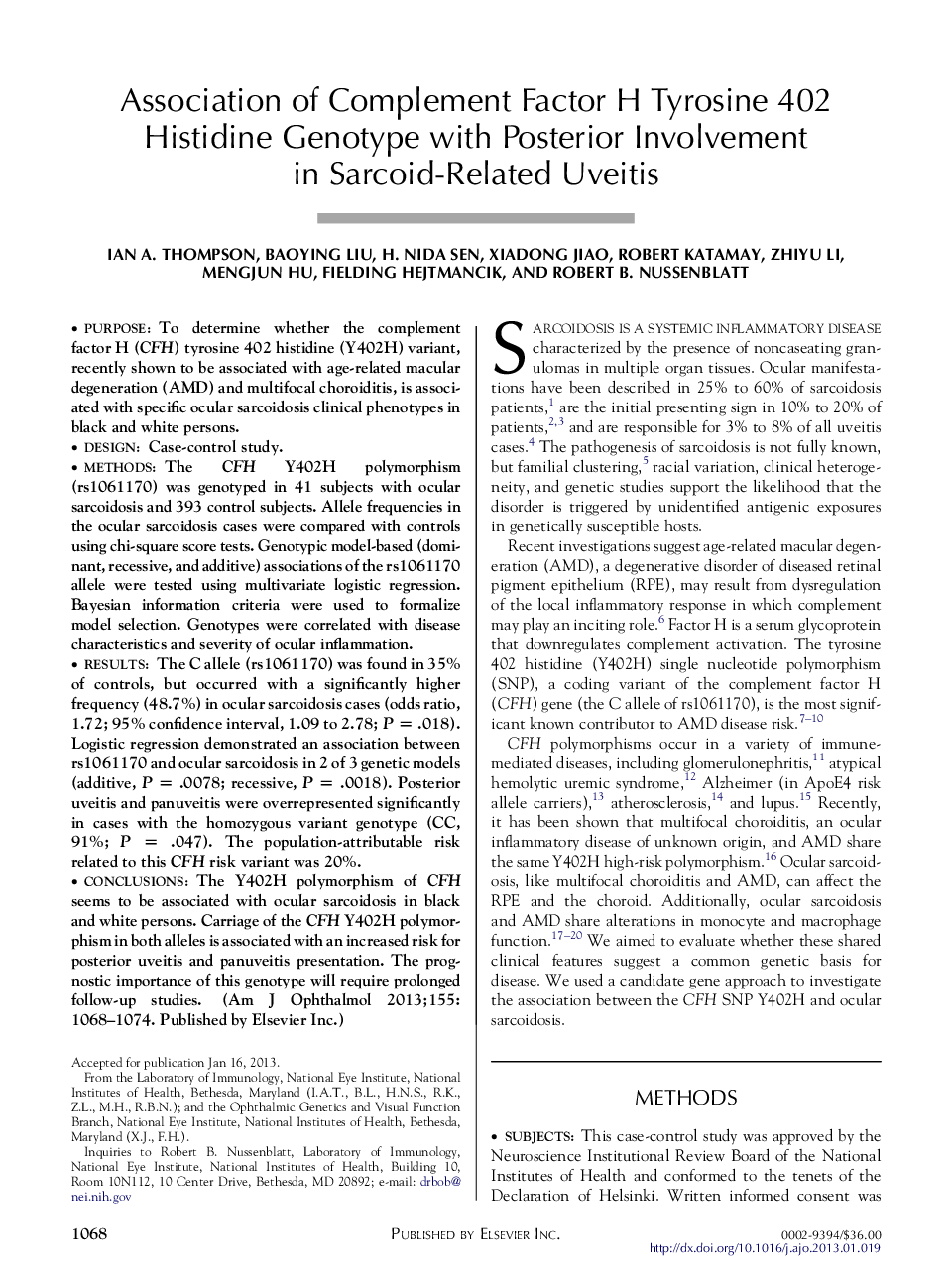 Association of Complement Factor H Tyrosine 402 Histidine Genotype with Posterior Involvement in Sarcoid-Related Uveitis