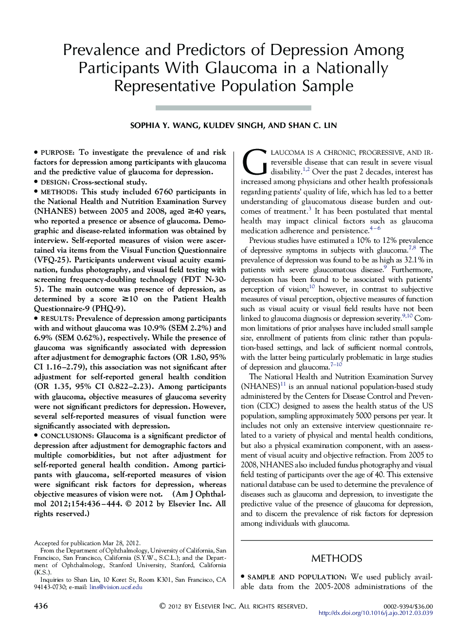 Prevalence and Predictors of Depression Among Participants With Glaucoma in a Nationally Representative Population Sample