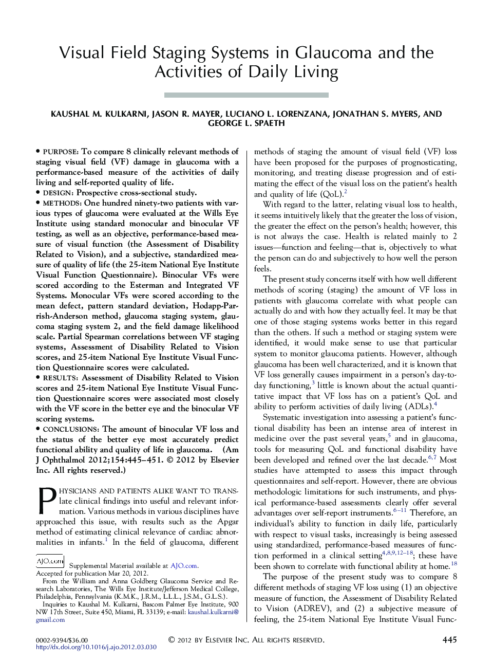 Visual Field Staging Systems in Glaucoma and the Activities of Daily Living