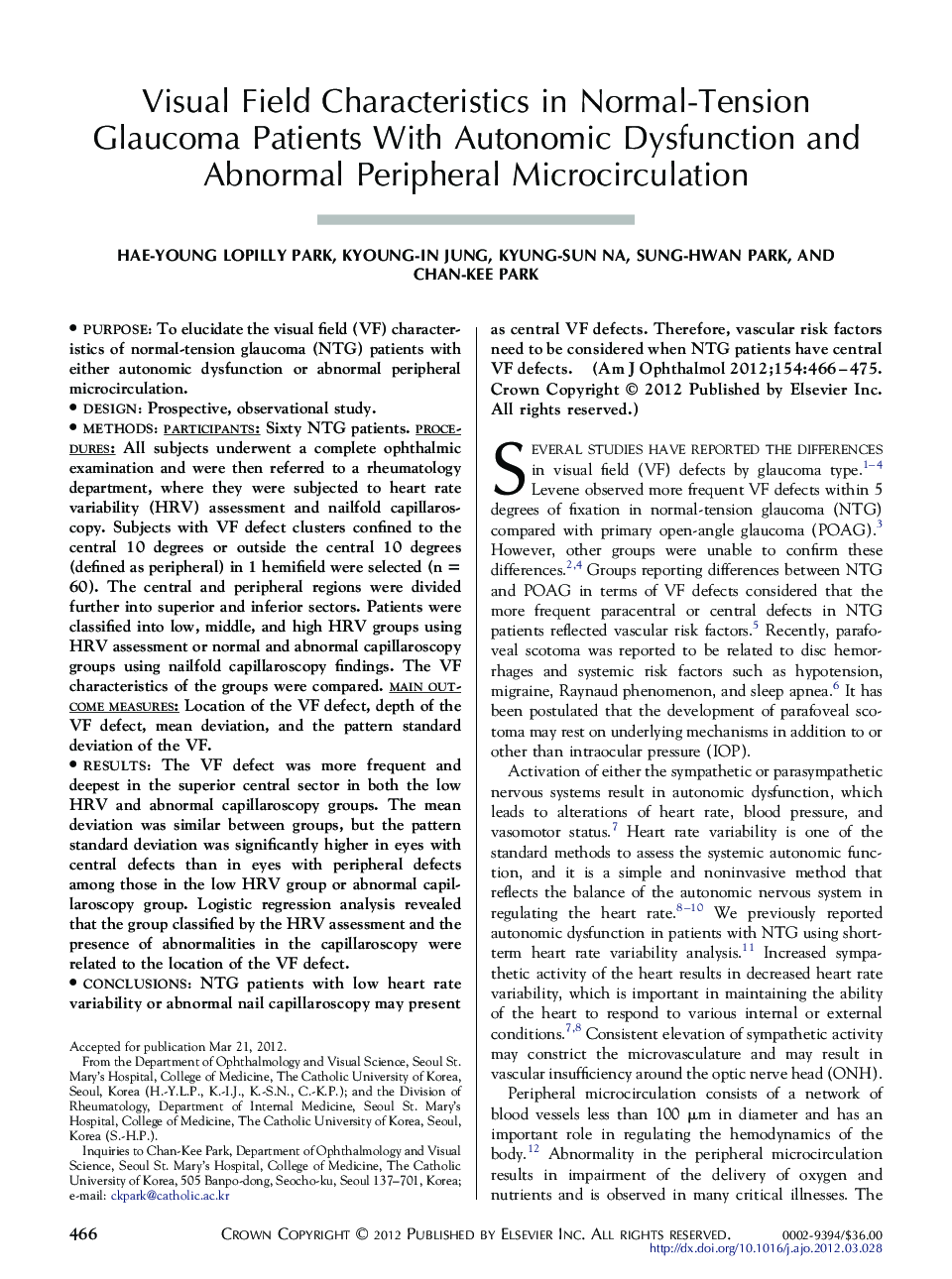 Visual Field Characteristics in Normal-Tension Glaucoma Patients With Autonomic Dysfunction and Abnormal Peripheral Microcirculation
