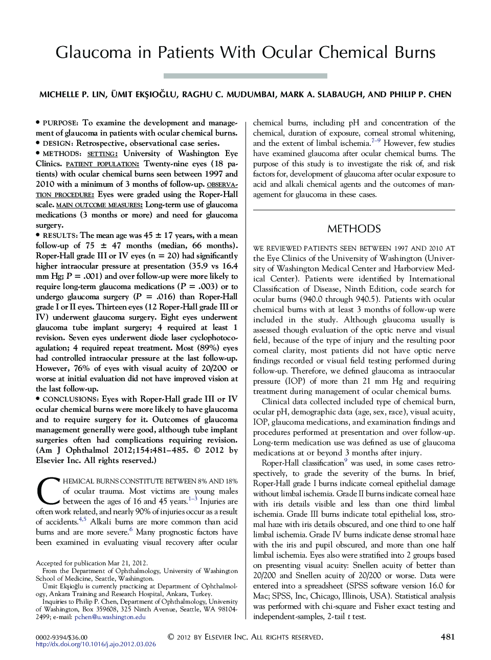 Glaucoma in Patients With Ocular Chemical Burns