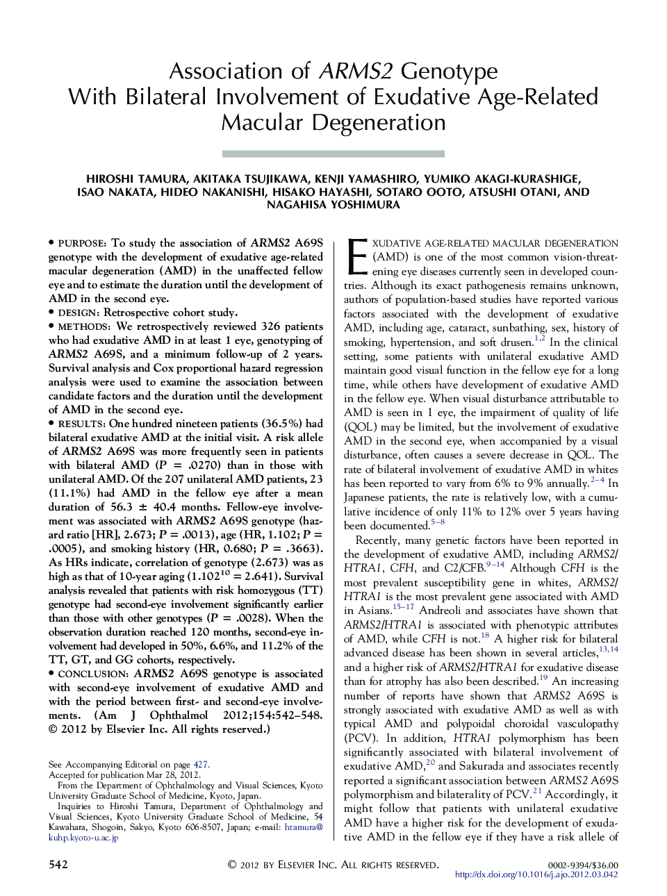 Association of ARMS2 Genotype With Bilateral Involvement of Exudative Age-Related Macular Degeneration