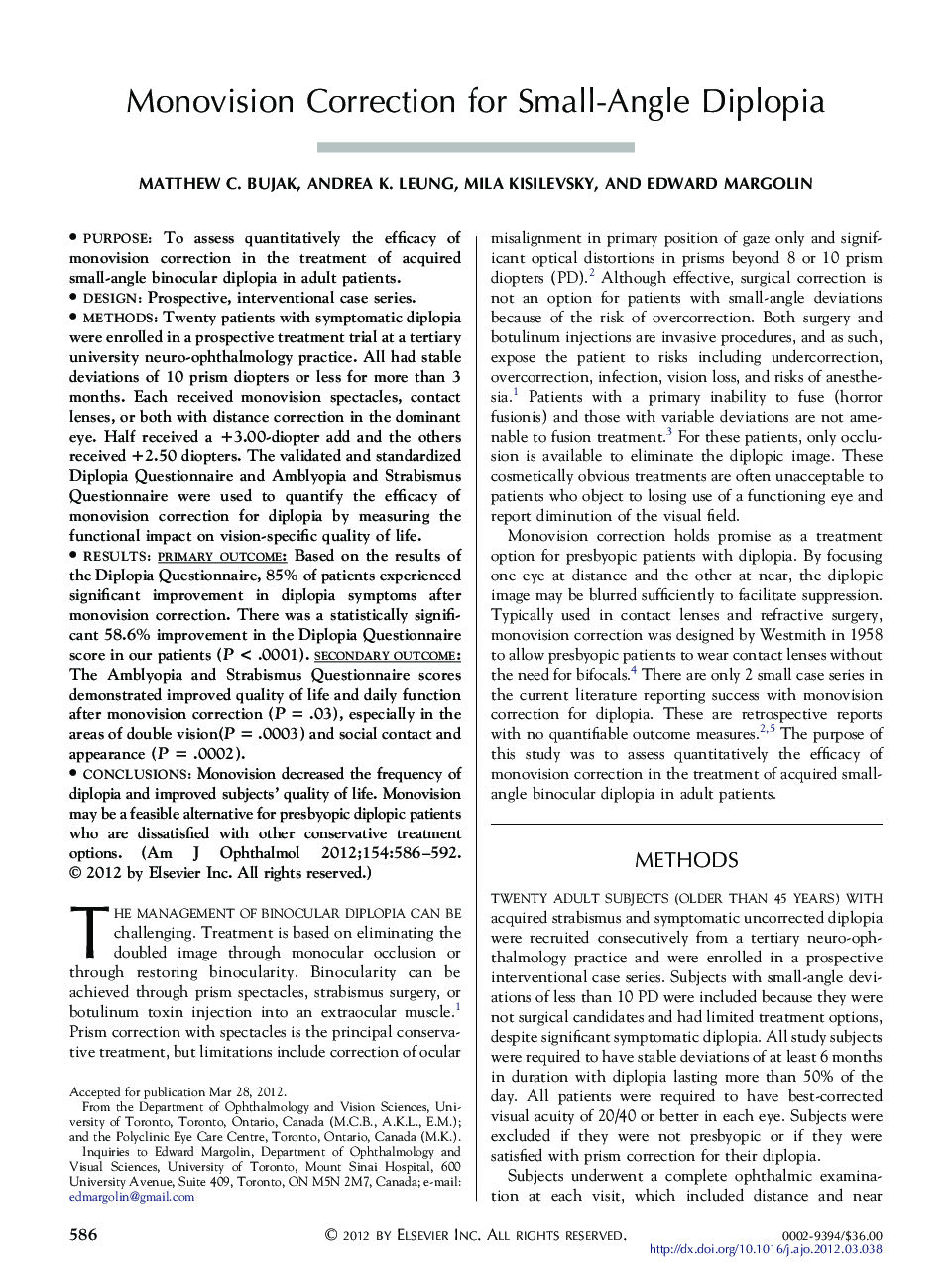 Monovision Correction for Small-Angle Diplopia
